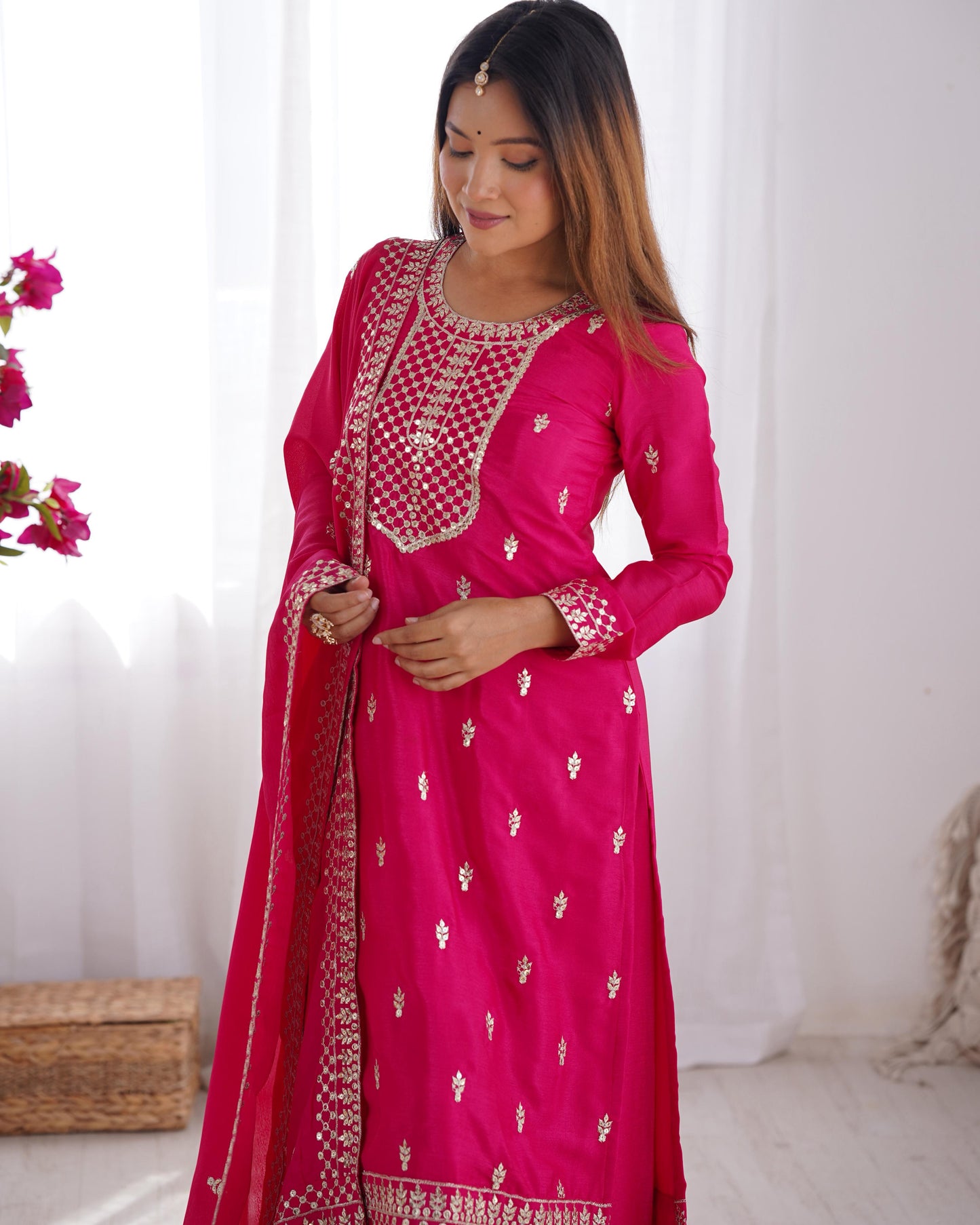 Pink Pure Chinon Silk Embroidery with Sequins 3pc Kurta Set