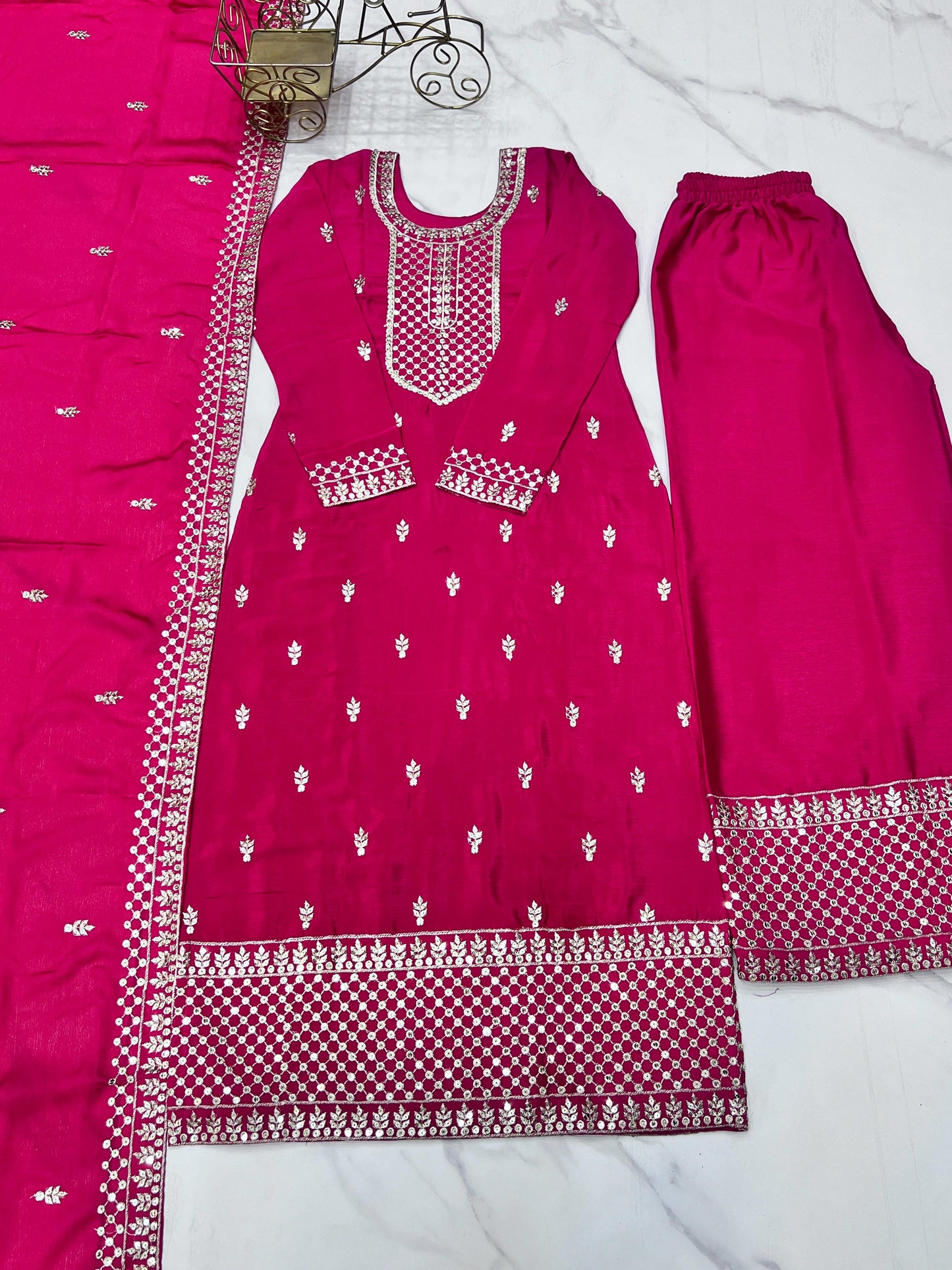 Pink Pure Chinon Silk Embroidery with Sequins 3pc Kurta Set