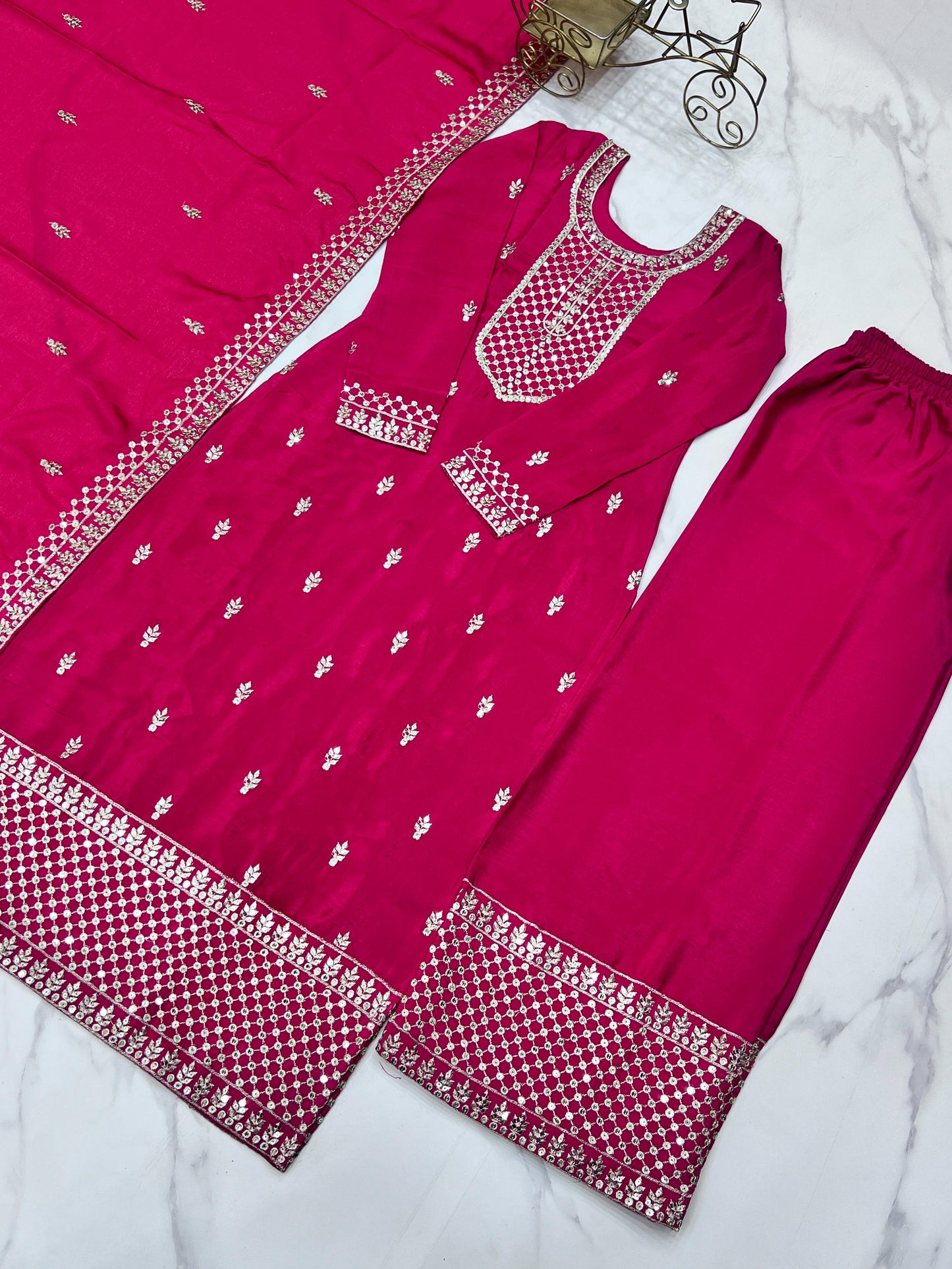 Pink Pure Chinon Silk Embroidery with Sequins 3pc Kurta Set