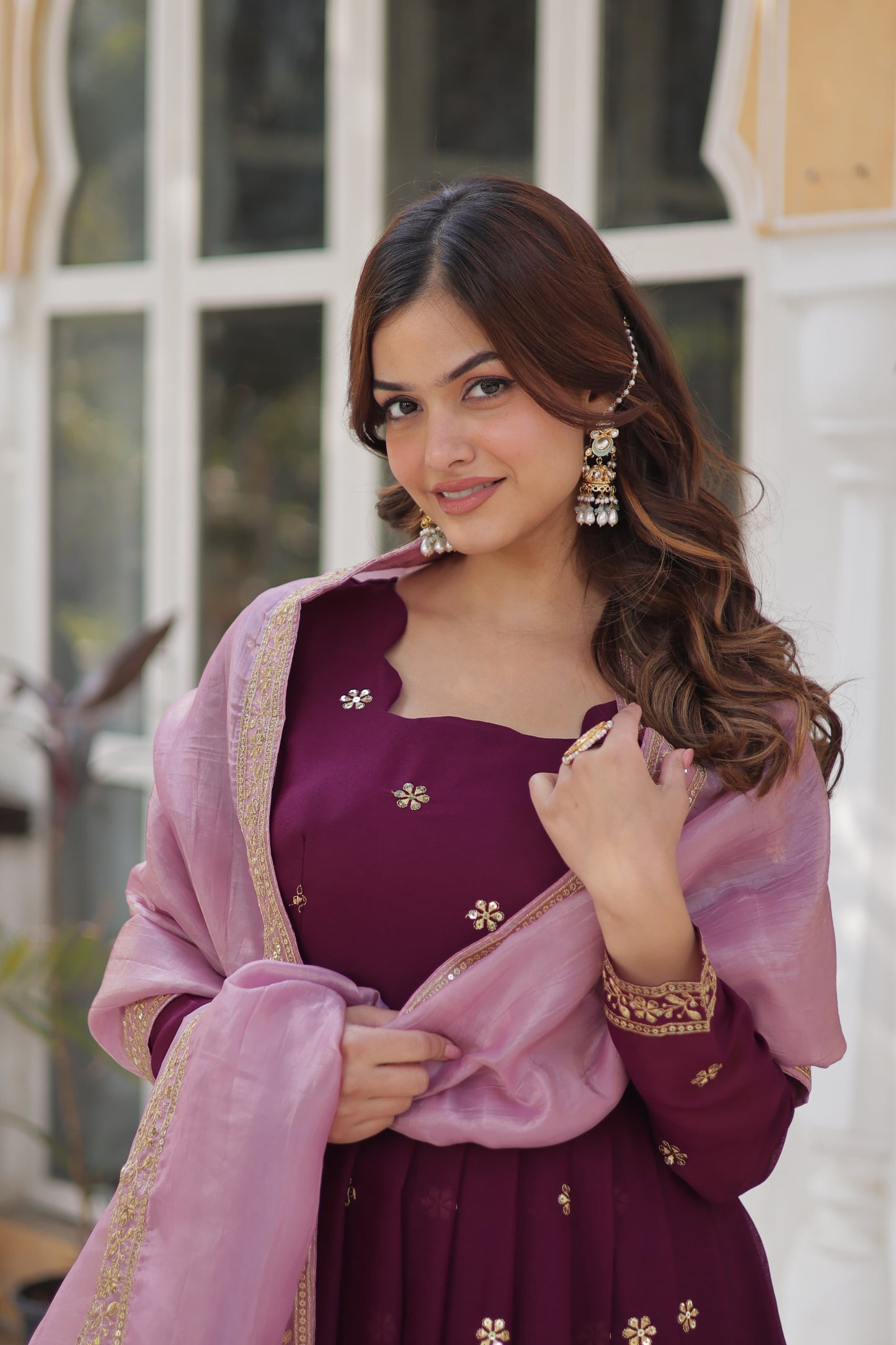 Wine Star Georgette with Embroidery Zari Work Gown With Dupatta