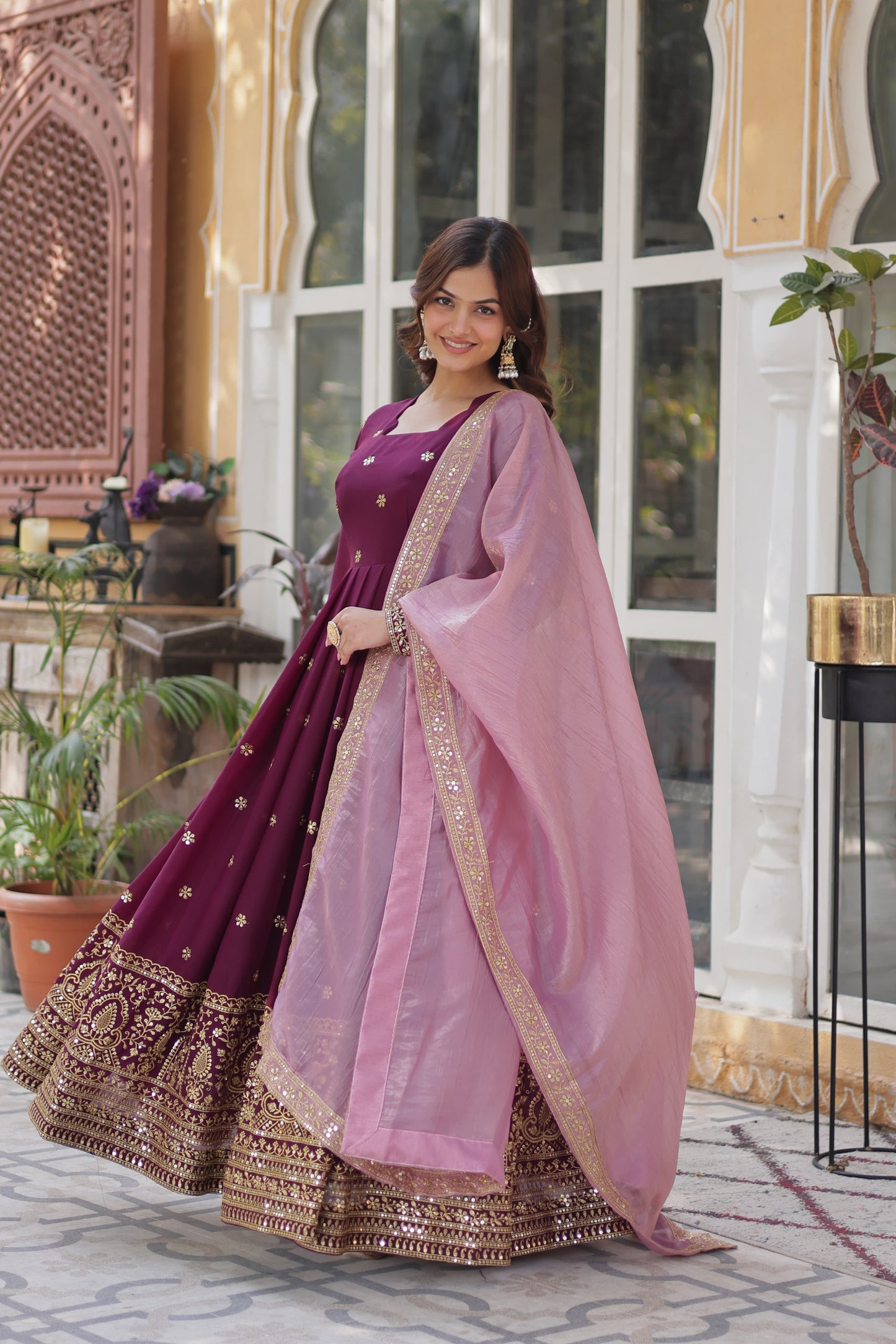 Wine Star Georgette with Embroidery Zari Work Gown With Dupatta