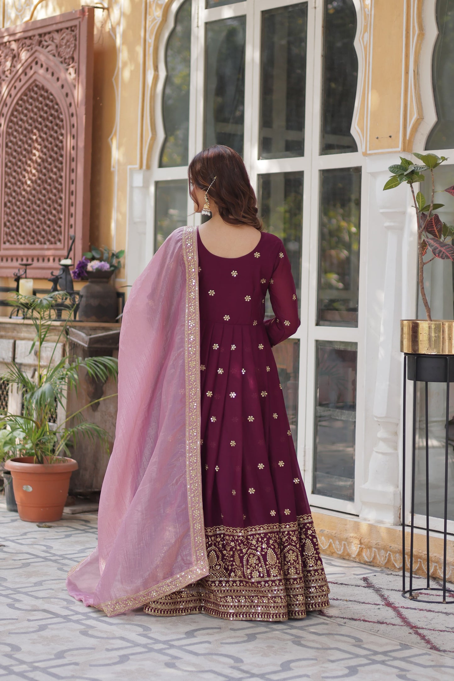 Wine Star Georgette with Embroidery Zari Work Gown With Dupatta