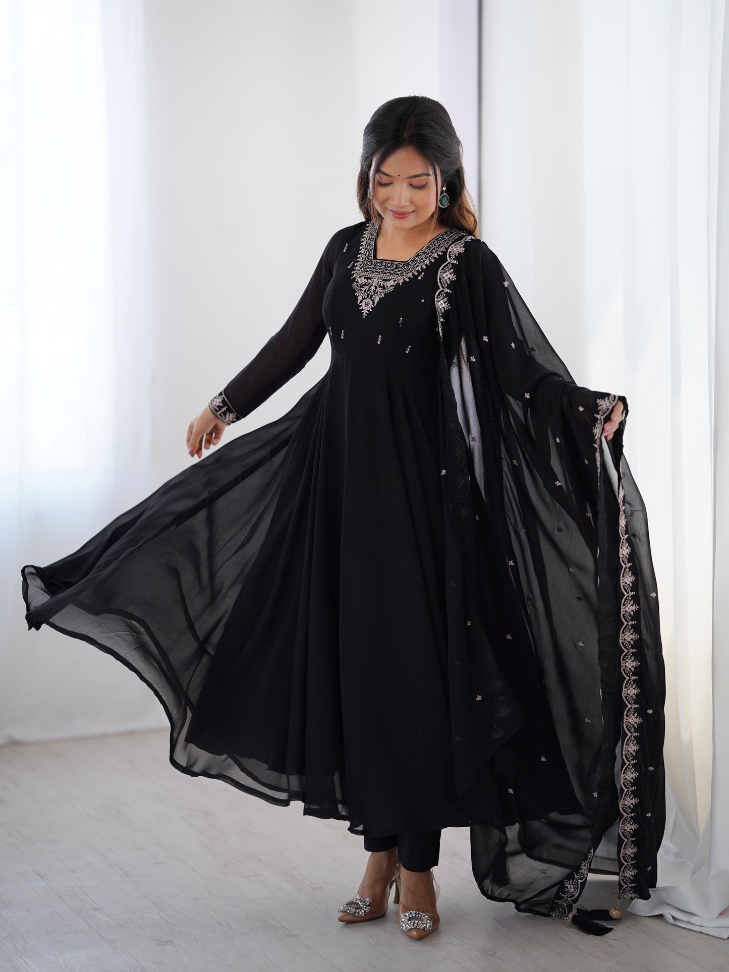 Black Soft Fox Georgette With Fancy Embroidery 3pc Kurta Set