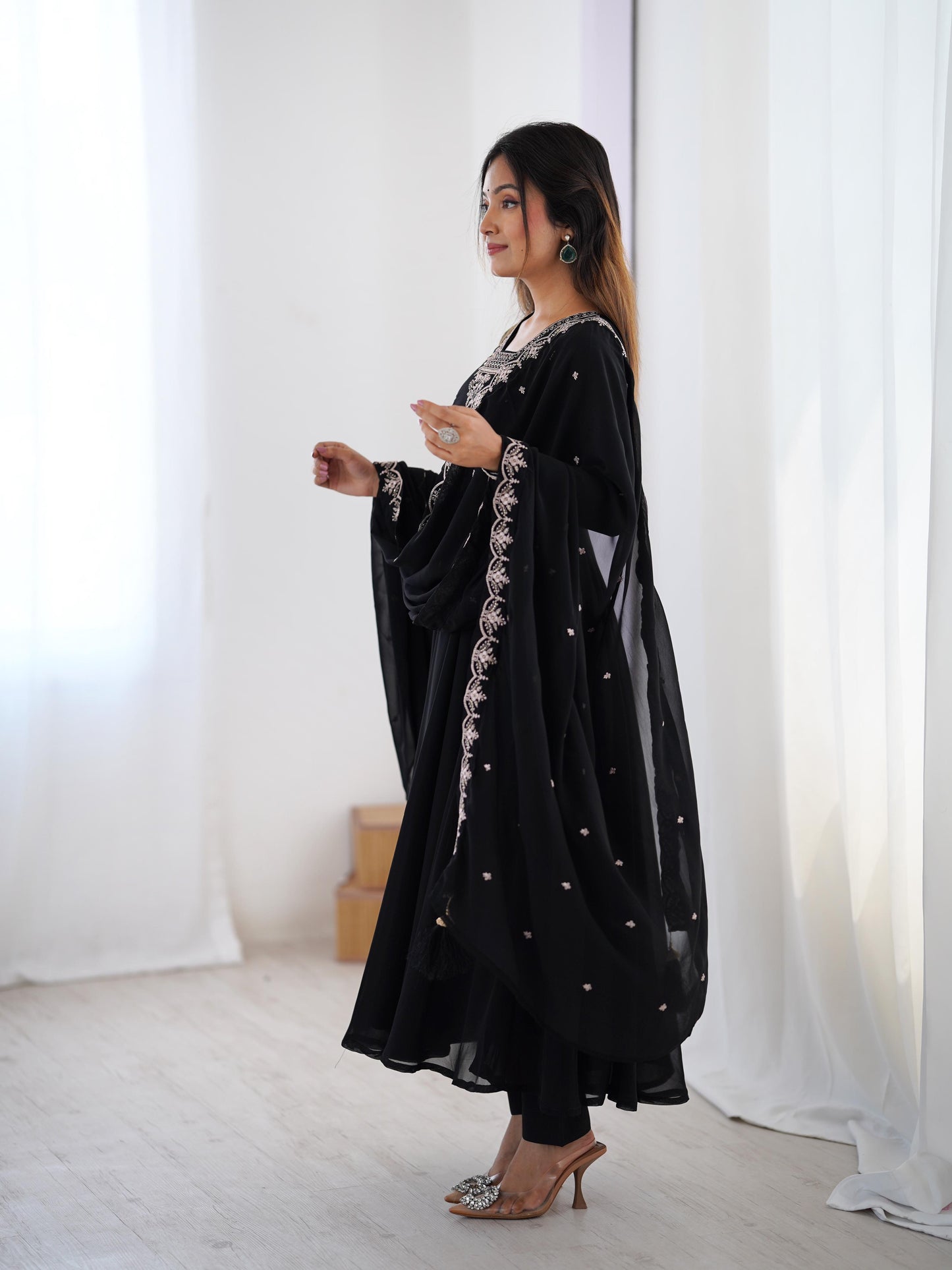 Black Soft Fox Georgette With Fancy Embroidery 3pc Kurta Set