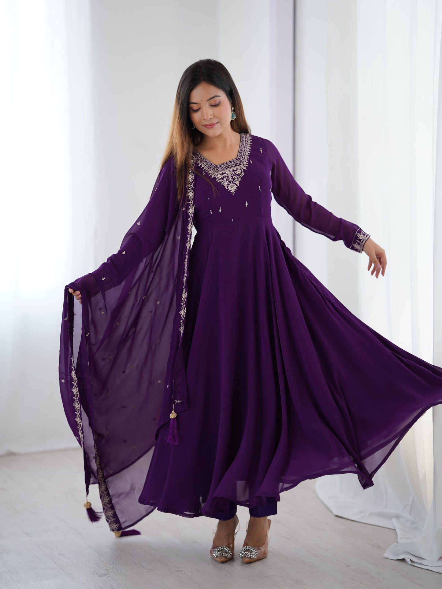 Purple Soft Fox Georgette With Fancy Embroidery 3pc Kurta Set