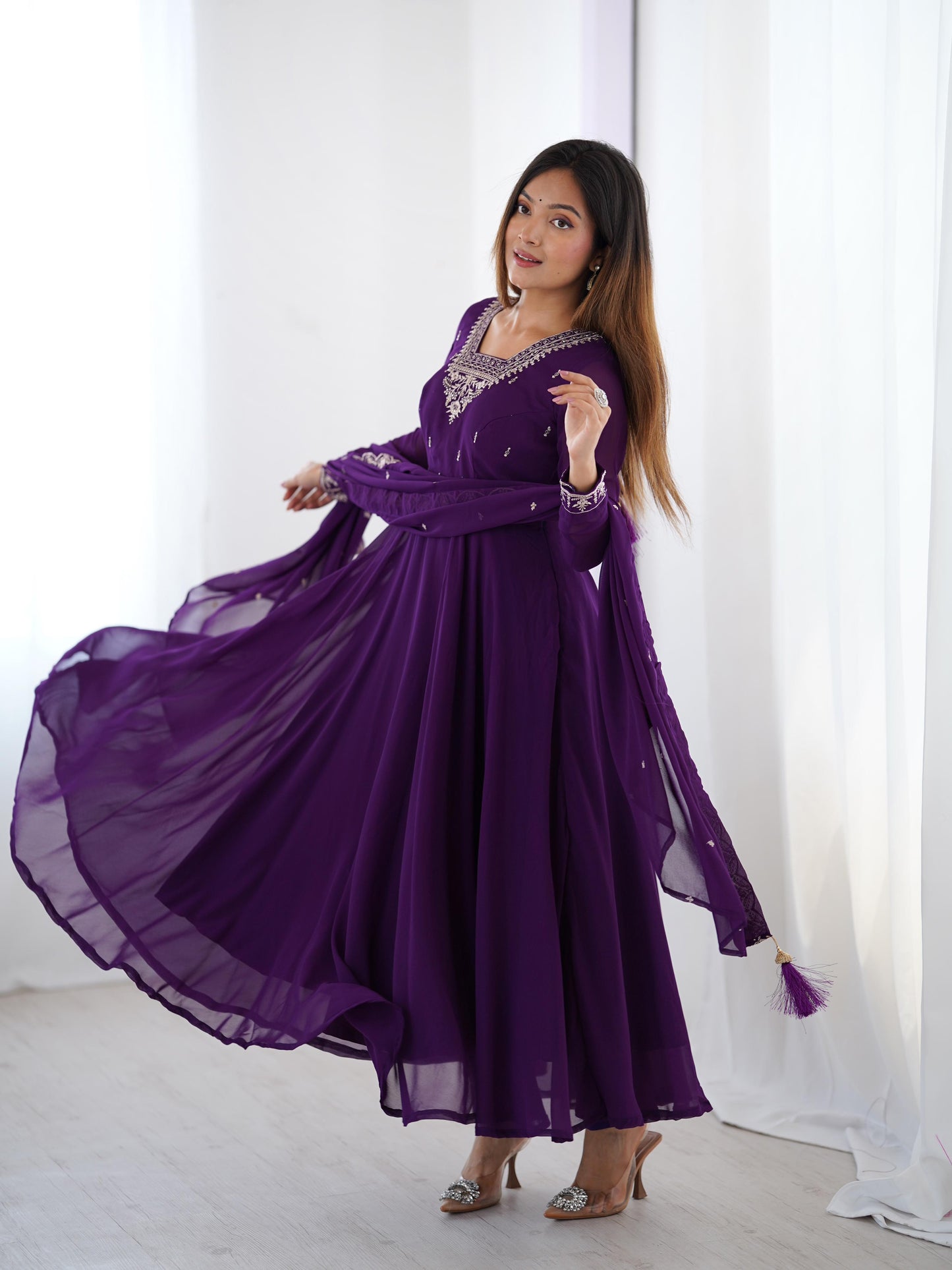 Purple Soft Fox Georgette With Fancy Embroidery 3pc Kurta Set