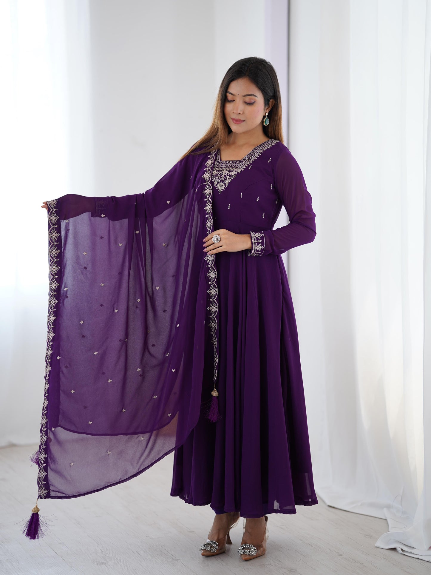 Purple Soft Fox Georgette With Fancy Embroidery 3pc Kurta Set