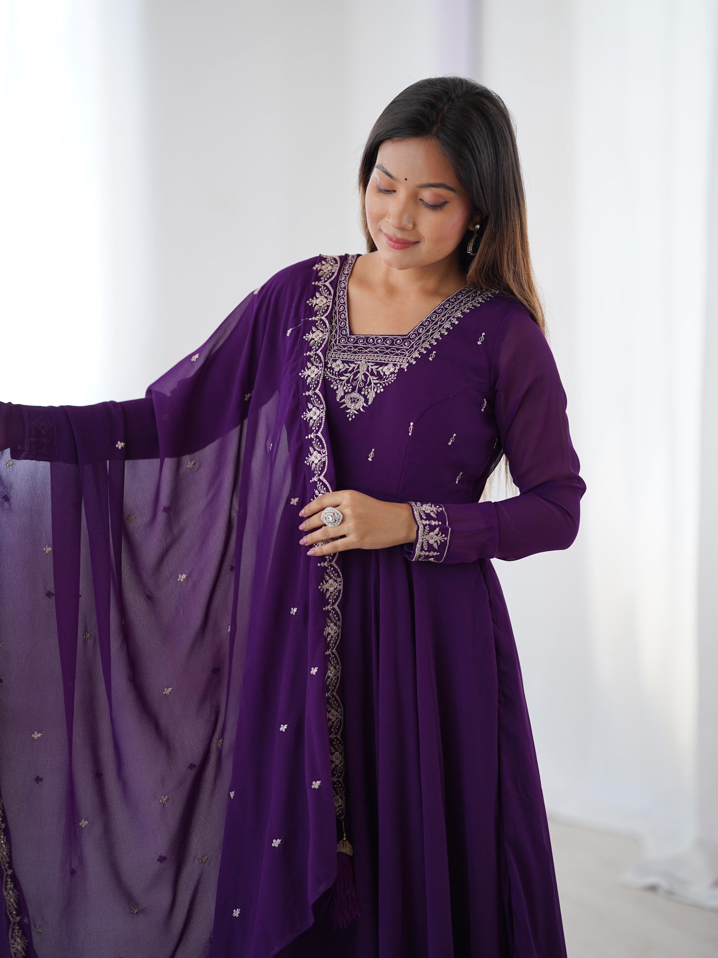 Purple Soft Fox Georgette With Fancy Embroidery 3pc Kurta Set