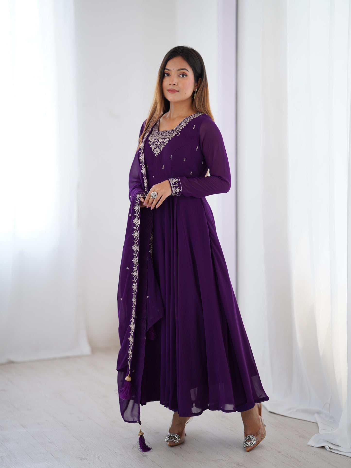 Purple Soft Fox Georgette With Fancy Embroidery 3pc Kurta Set