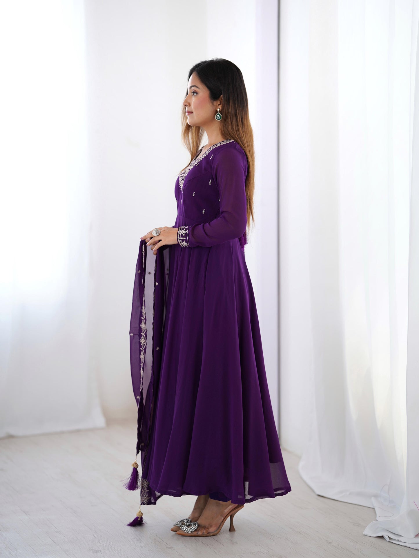 Purple Soft Fox Georgette With Fancy Embroidery 3pc Kurta Set