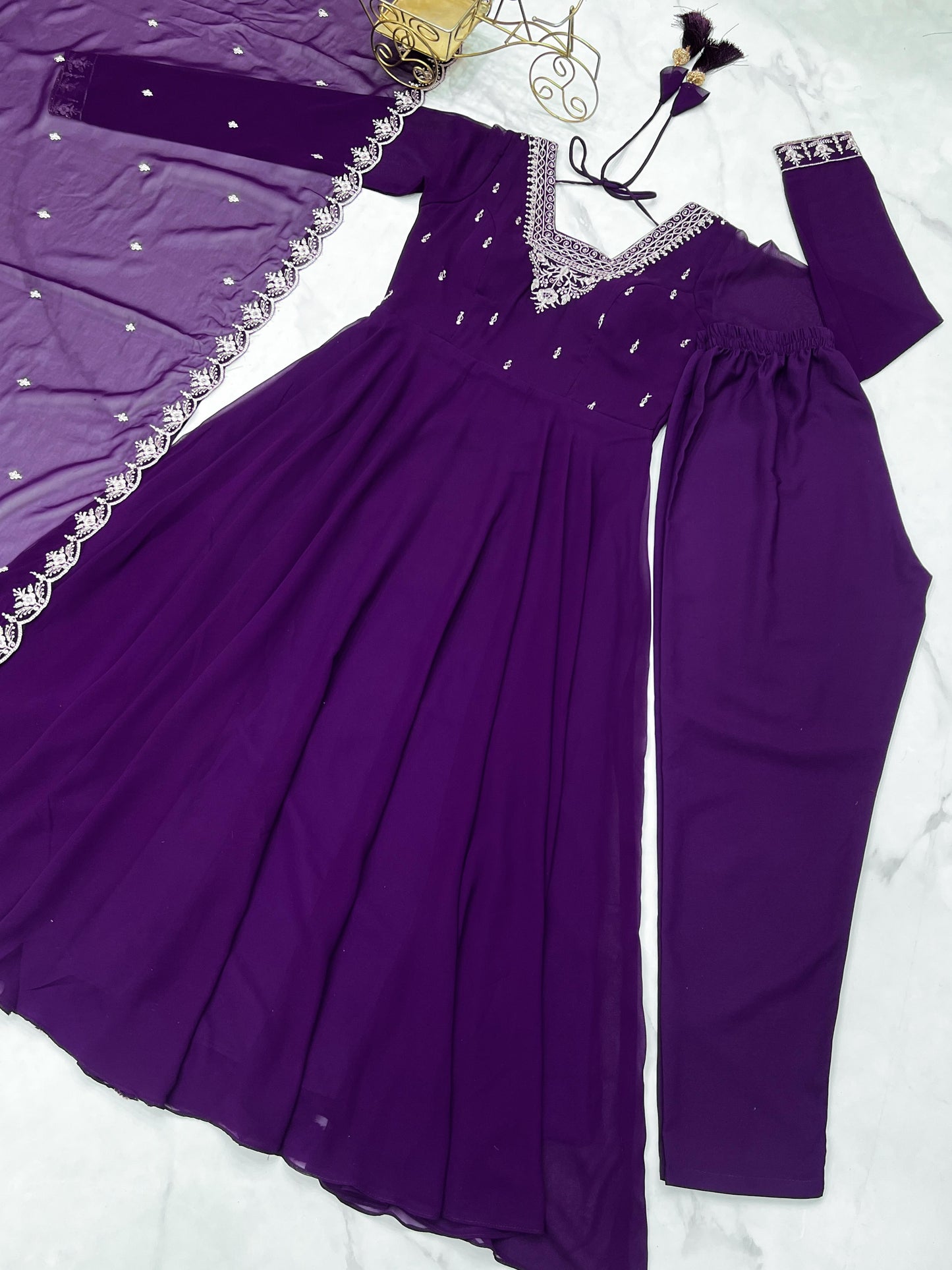 Purple Soft Fox Georgette With Fancy Embroidery 3pc Kurta Set