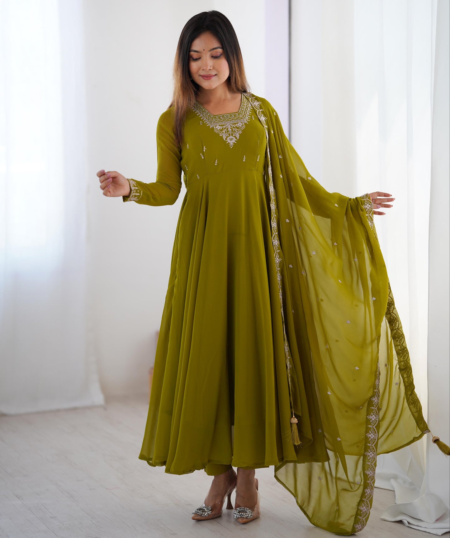 MahendiGreen Soft Fox Georgette With Fancy Embroidery 3pc Kurta Set