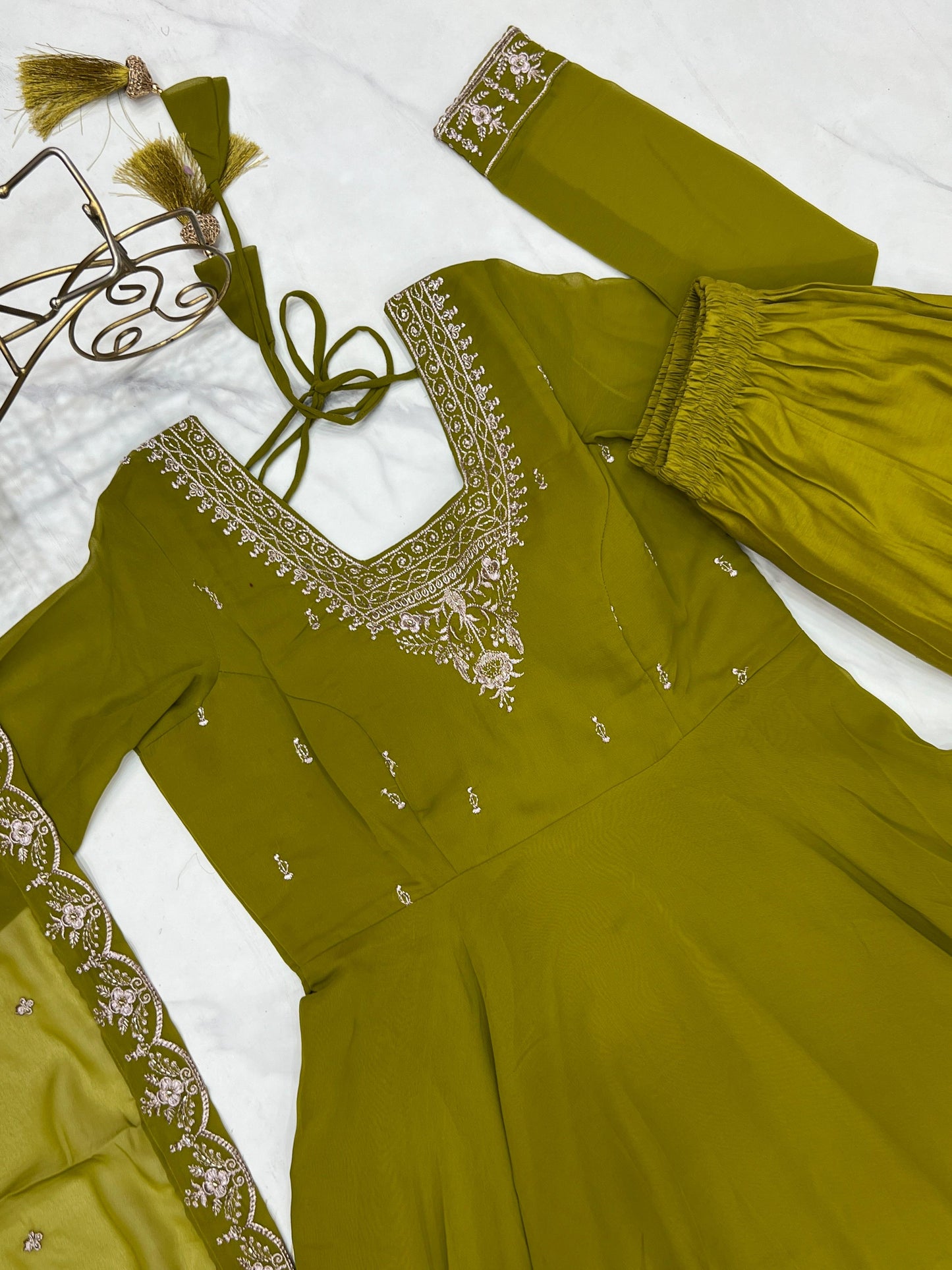 MahendiGreen Soft Fox Georgette With Fancy Embroidery 3pc Kurta Set