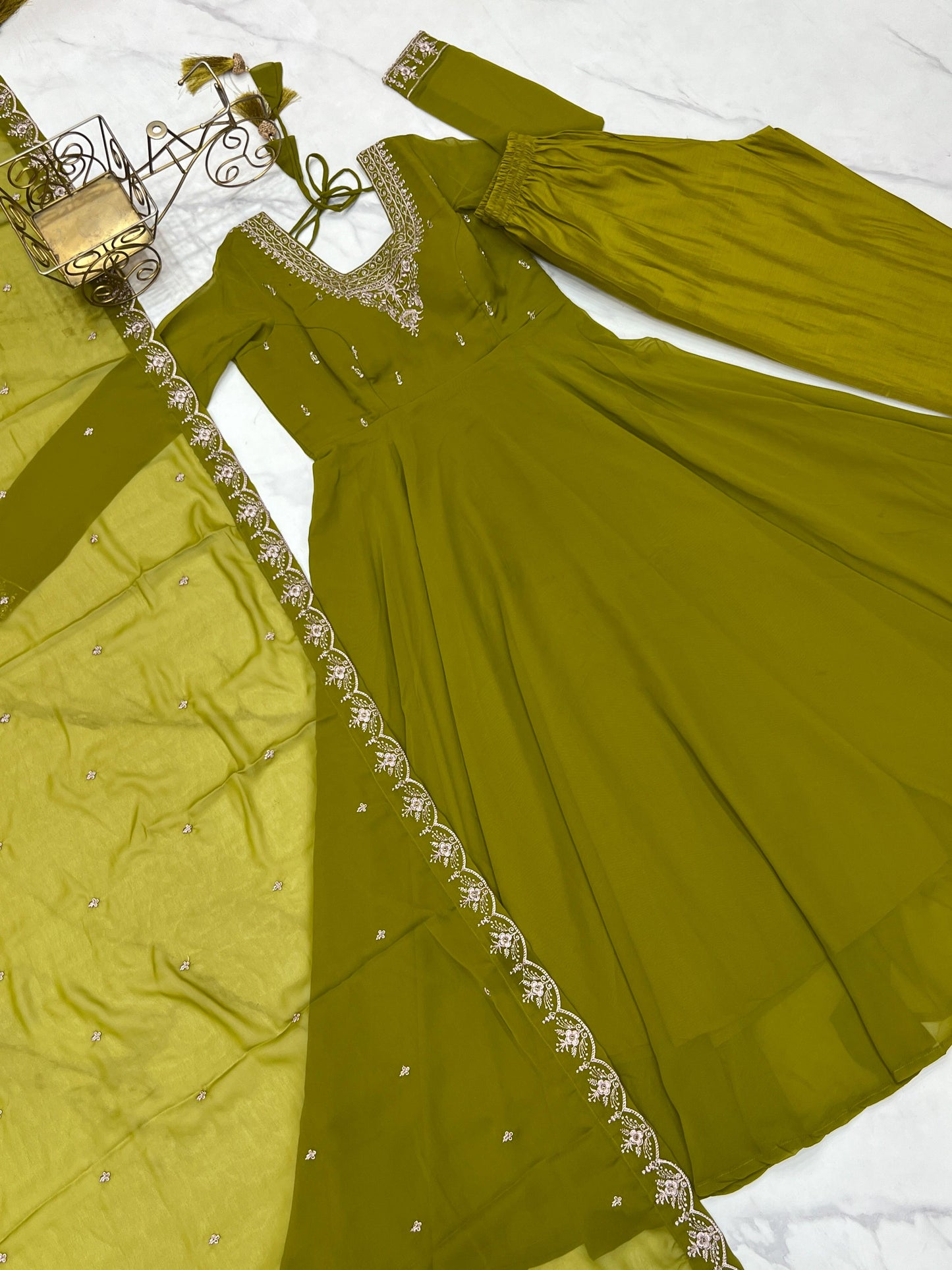 MahendiGreen Soft Fox Georgette With Fancy Embroidery 3pc Kurta Set