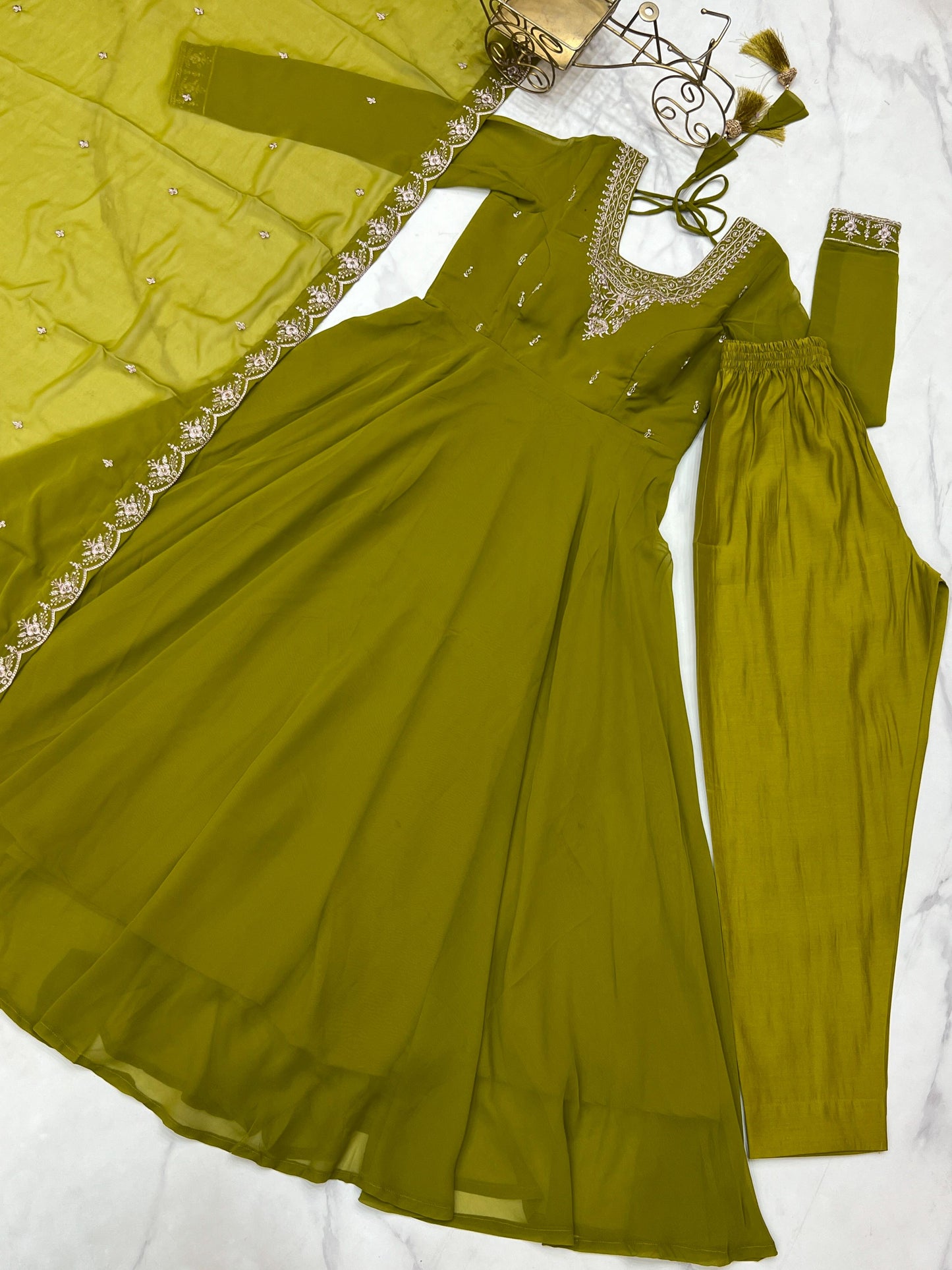 MahendiGreen Soft Fox Georgette With Fancy Embroidery 3pc Kurta Set