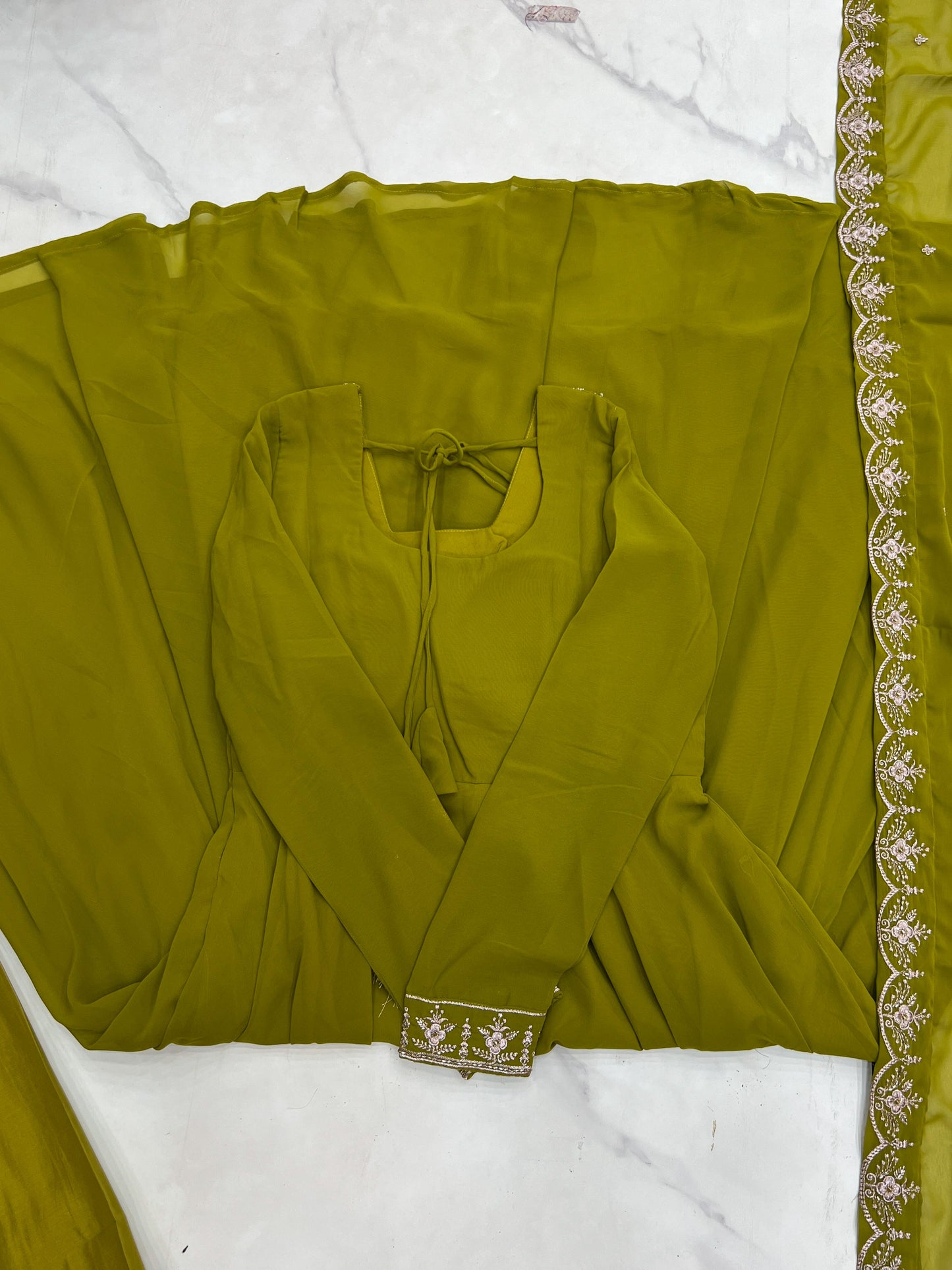 MahendiGreen Soft Fox Georgette With Fancy Embroidery 3pc Kurta Set