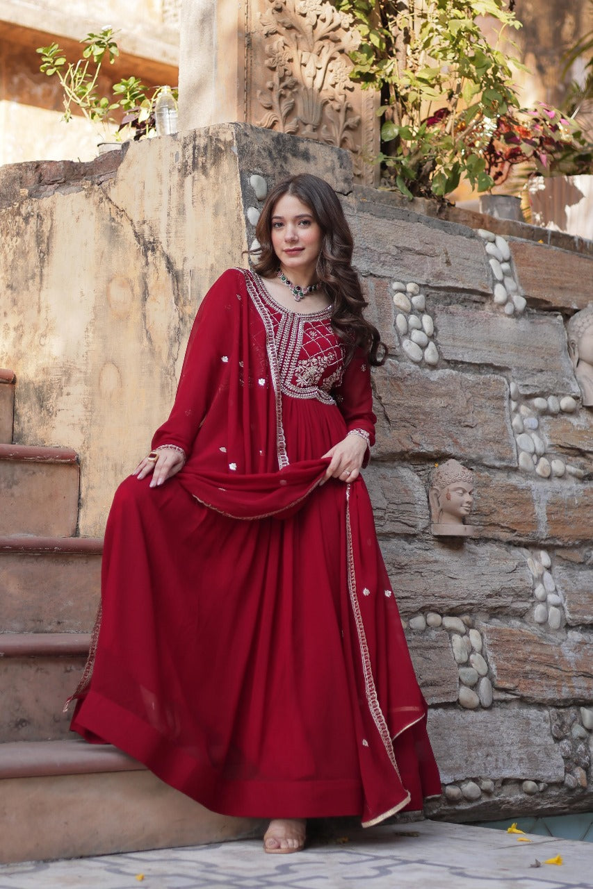 Maroon  Faux Blooming with Beads Embroidered Work Gown With Dupatta
