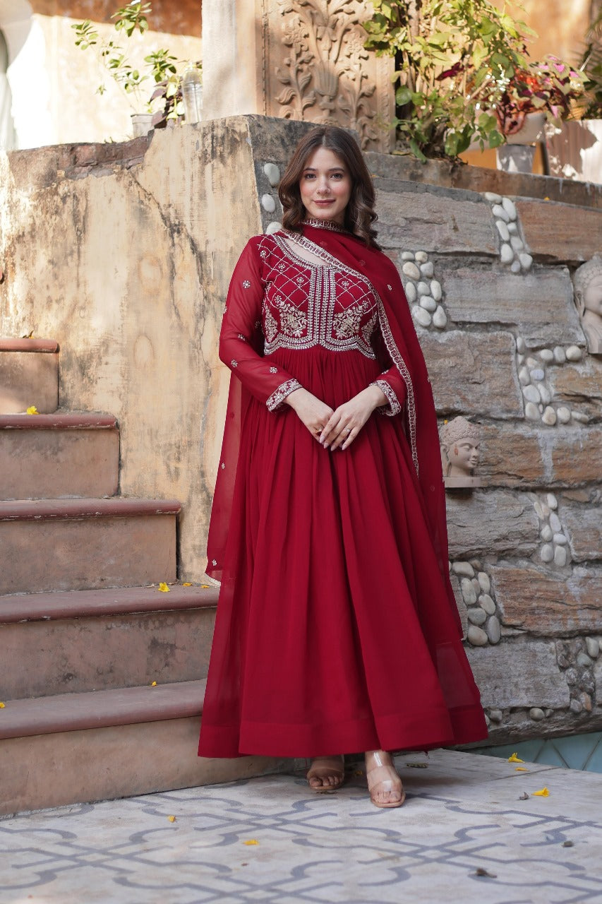 Maroon  Faux Blooming with Beads Embroidered Work Gown With Dupatta