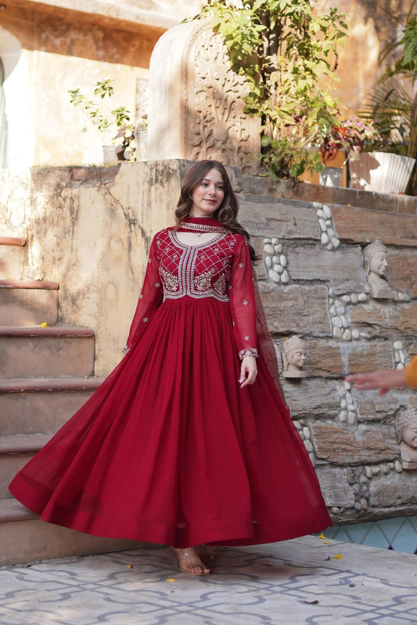 Maroon  Faux Blooming with Beads Embroidered Work Gown With Dupatta