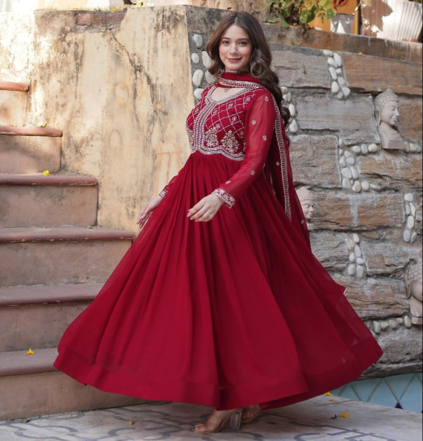 Maroon  Faux Blooming with Beads Embroidered Work Gown With Dupatta