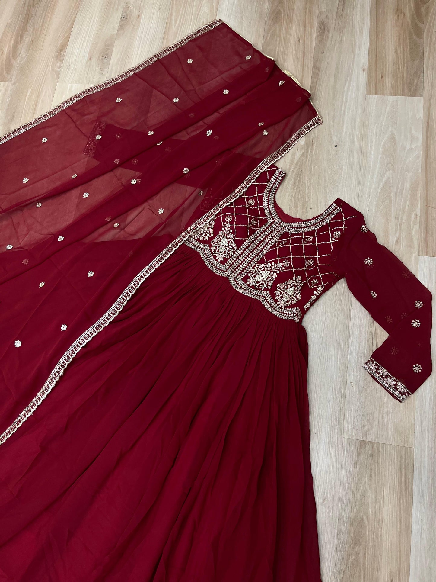 Maroon  Faux Blooming with Beads Embroidered Work Gown With Dupatta