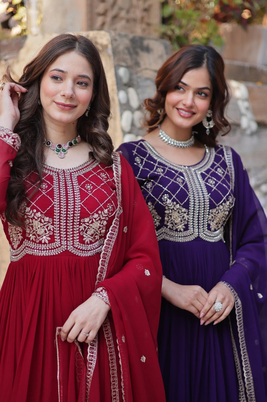 Maroon  Faux Blooming with Beads Embroidered Work Gown With Dupatta