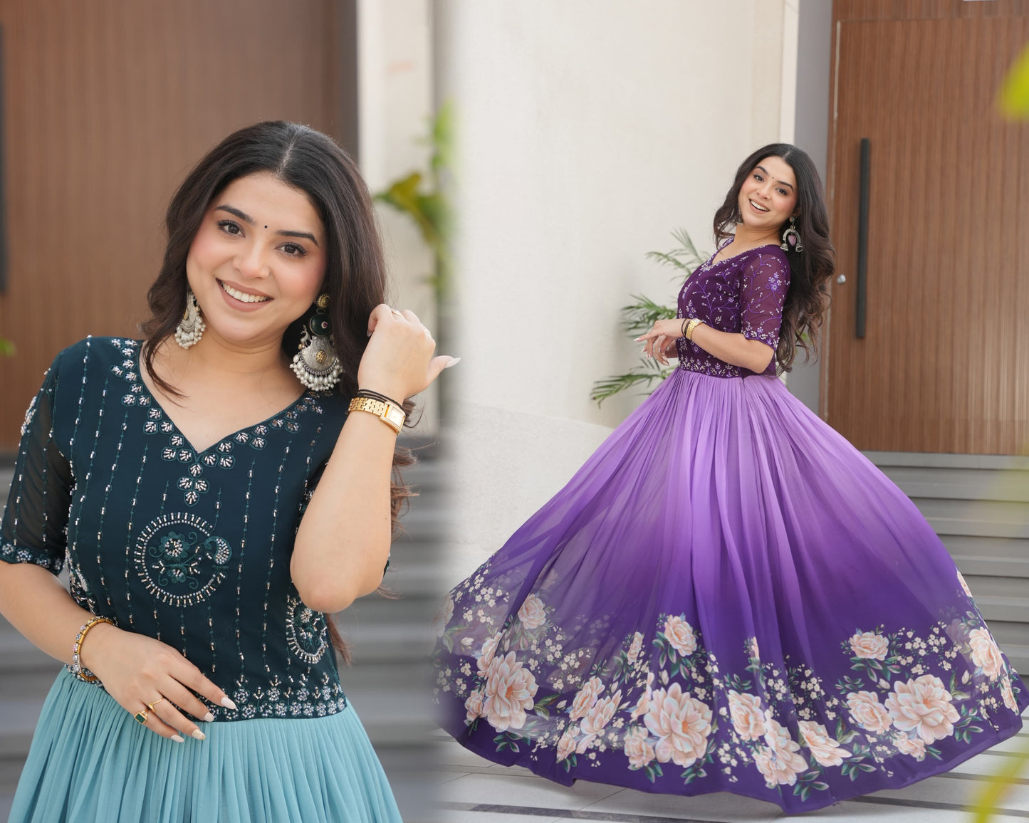 Rama Beads Embroidery With Floral Digital Print Gown