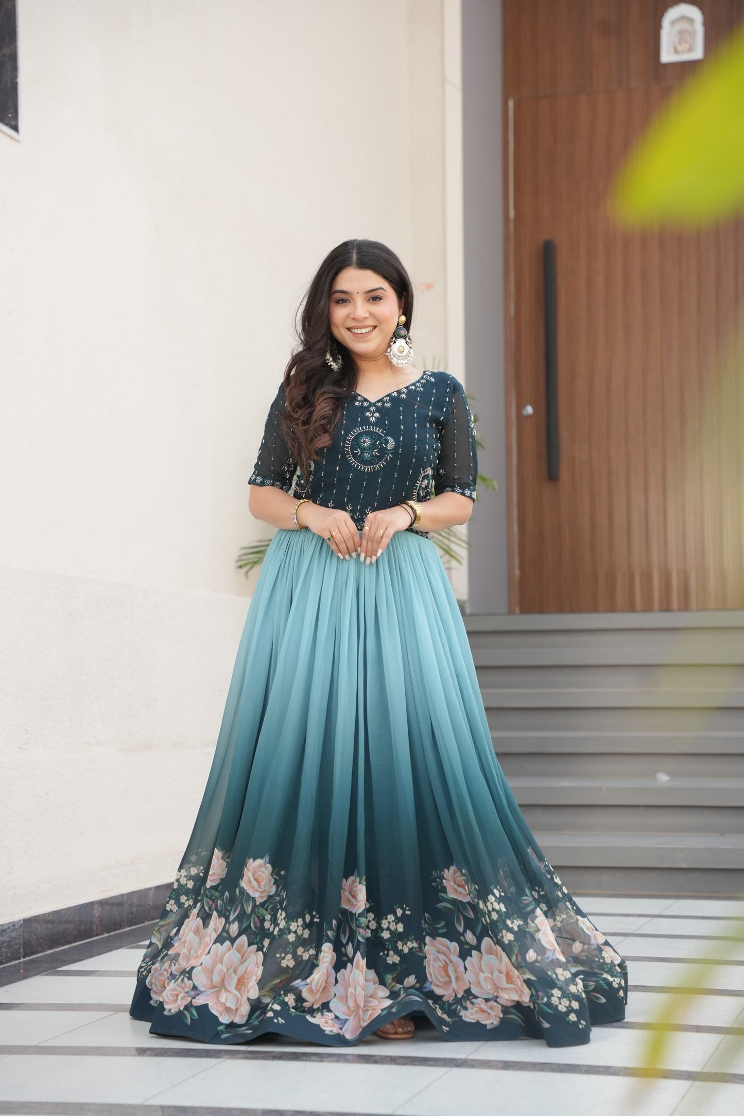 Rama Beads Embroidery With Floral Digital Print Gown