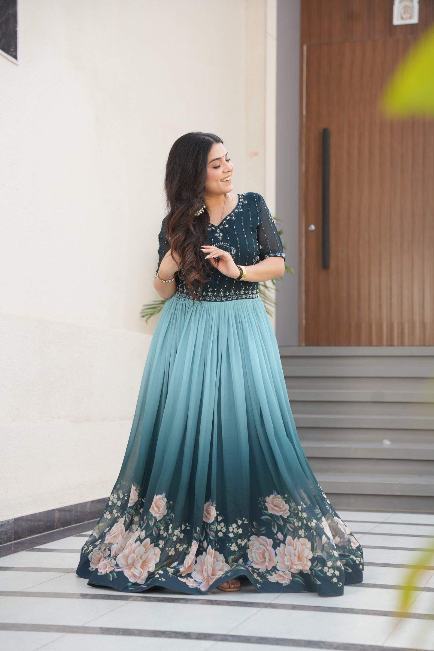 Rama Beads Embroidery With Floral Digital Print Gown