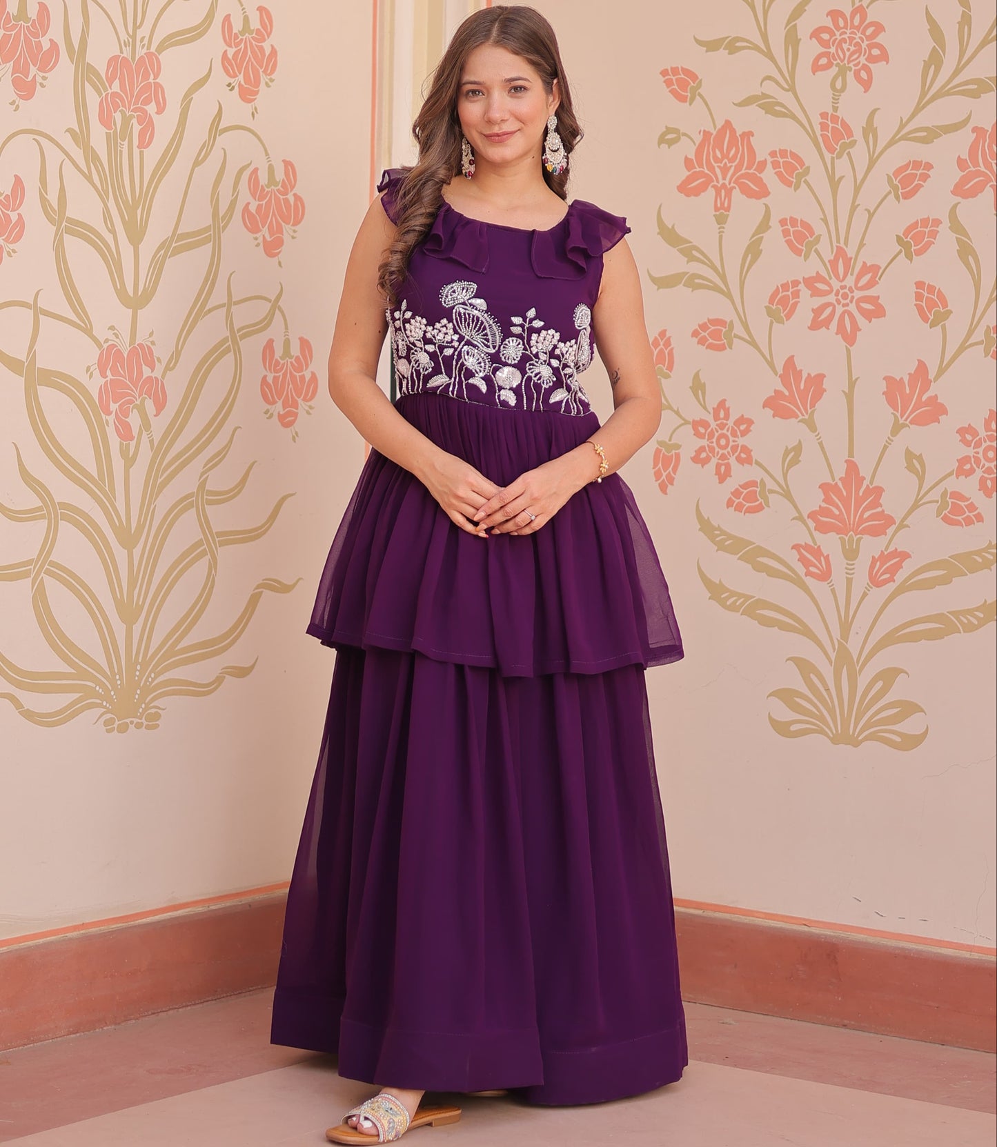 Designer Round Neck With Beads Embroidered Work Gown