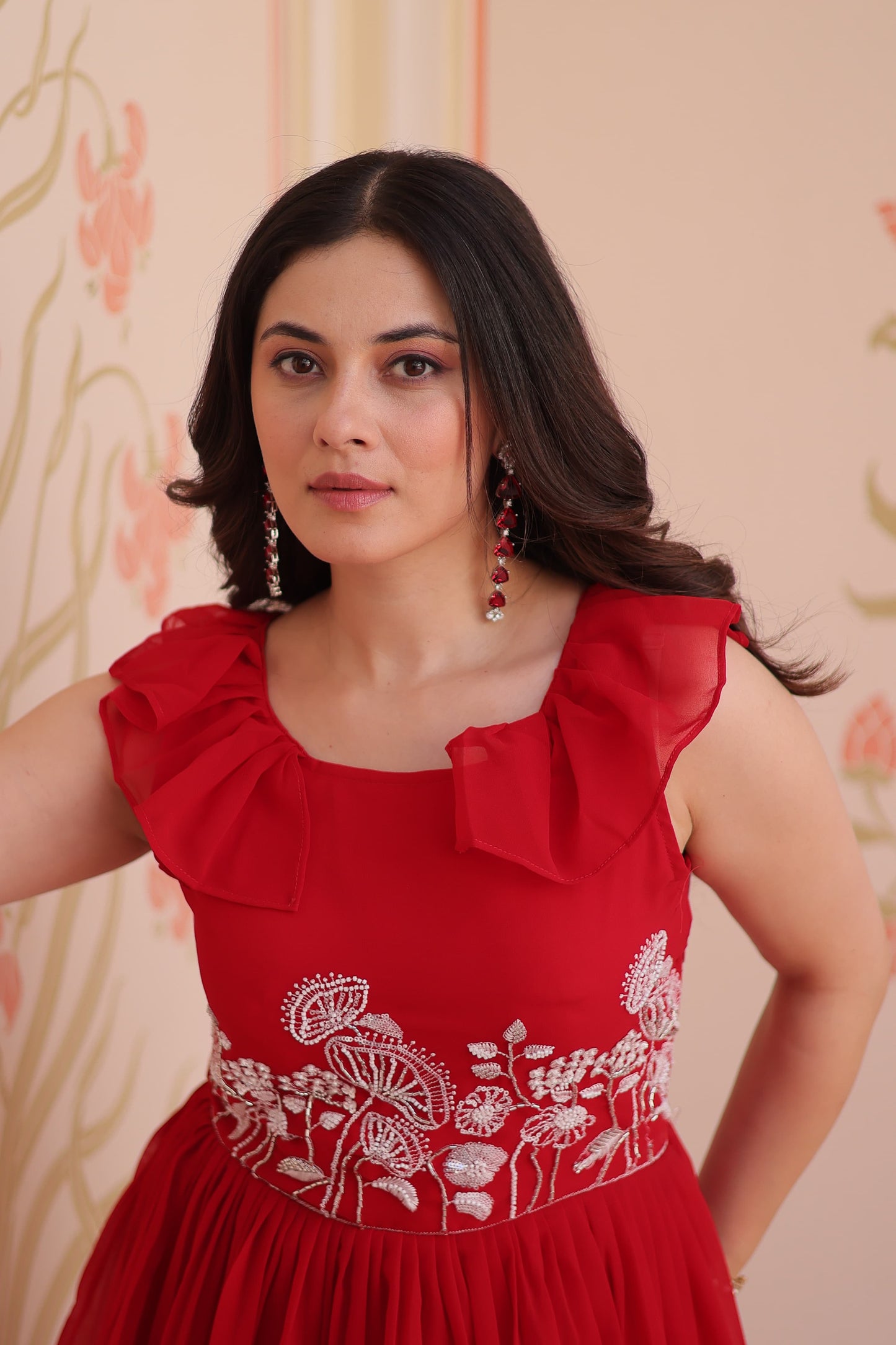 Designer Round Neck With Beads Embroidered Work Gown