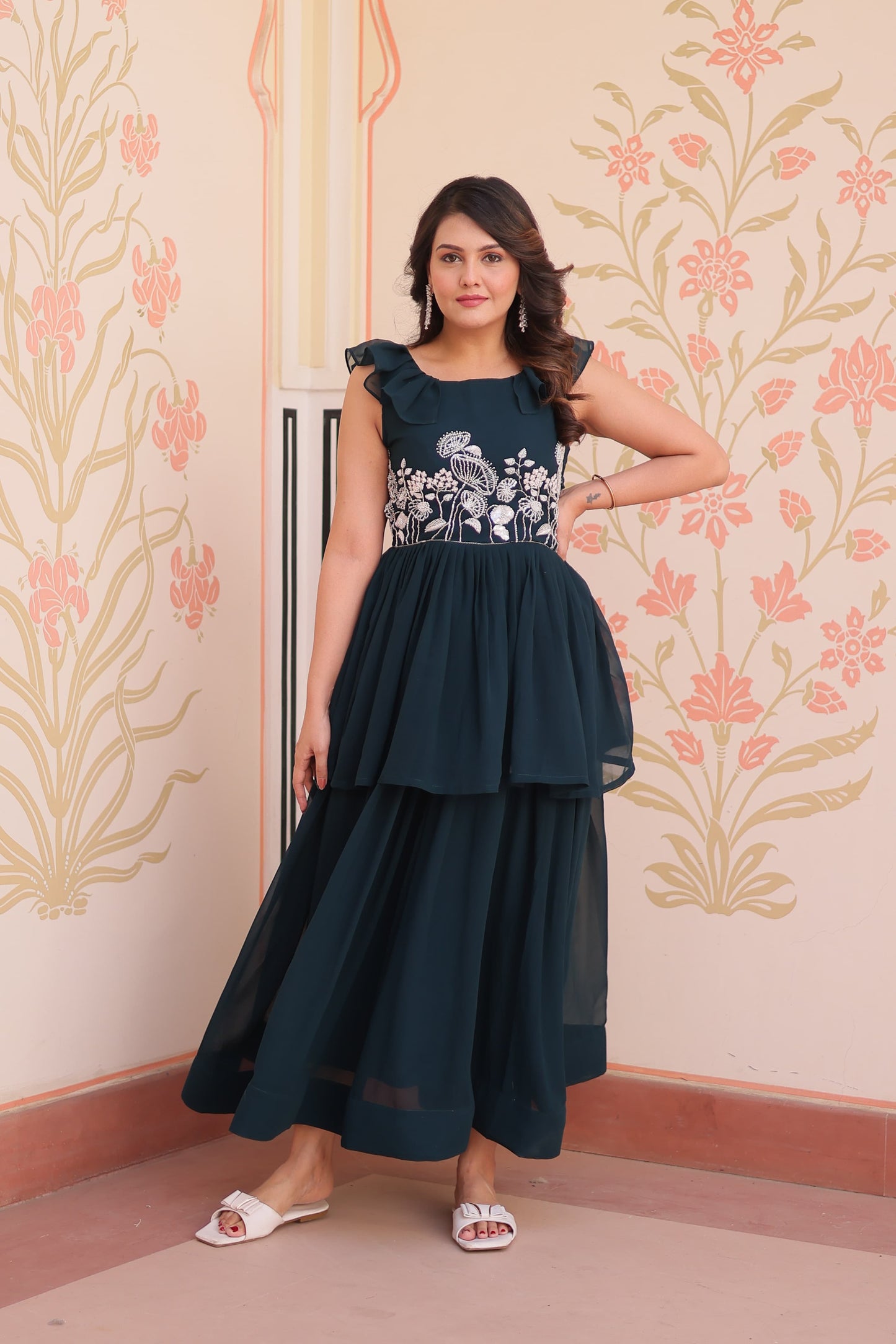 Designer Round Neck With Beads Embroidered Work Gown