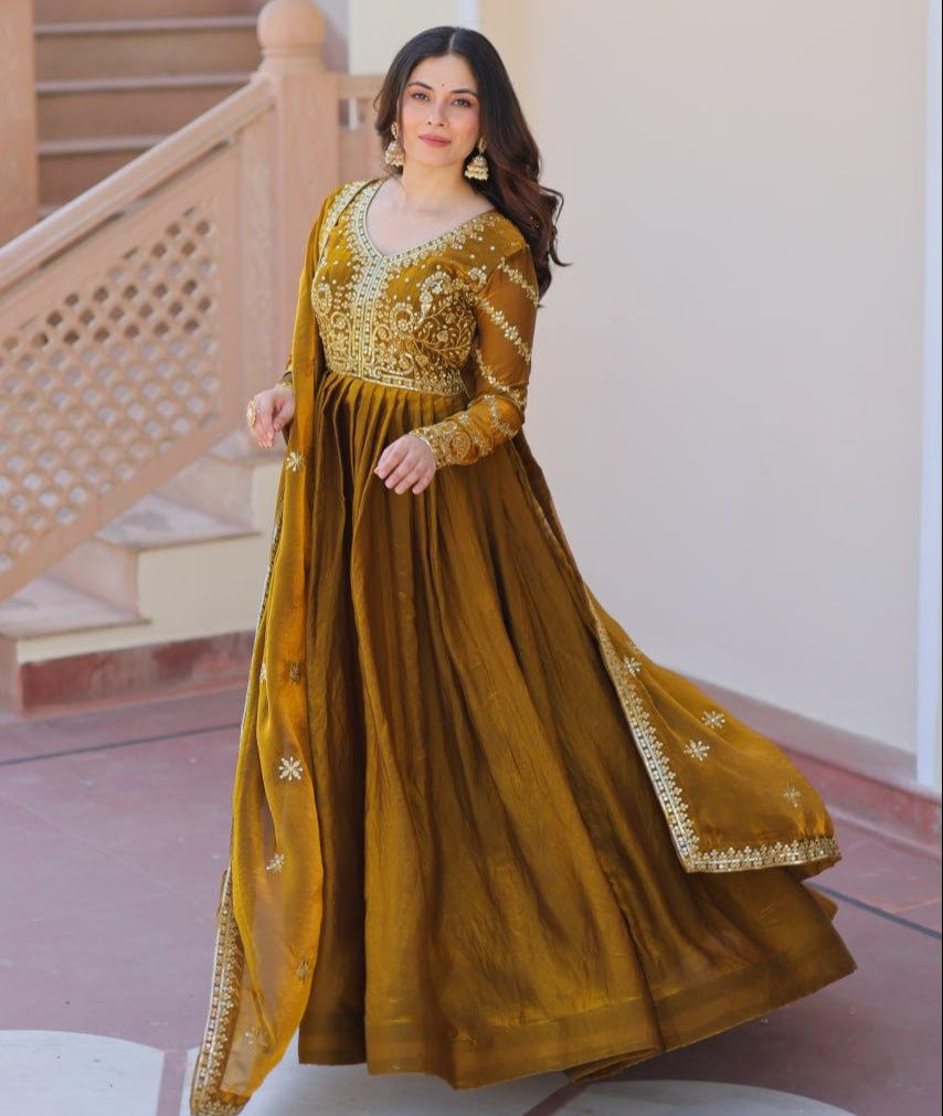 Mehendi Fendy With Zari & Sequins Gown With Dupatta