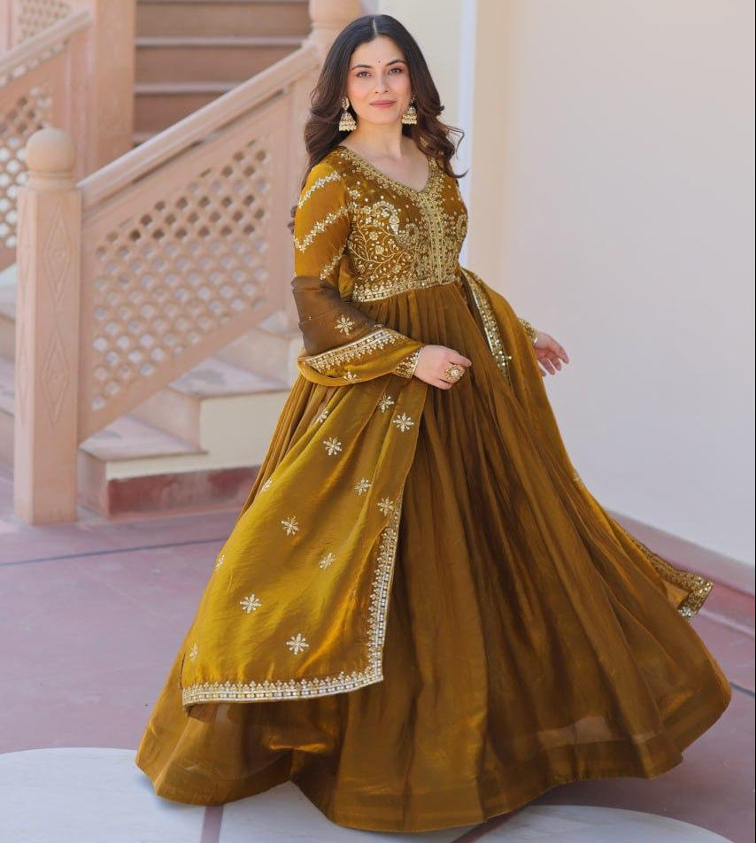 Mehendi Fendy With Zari & Sequins Gown With Dupatta