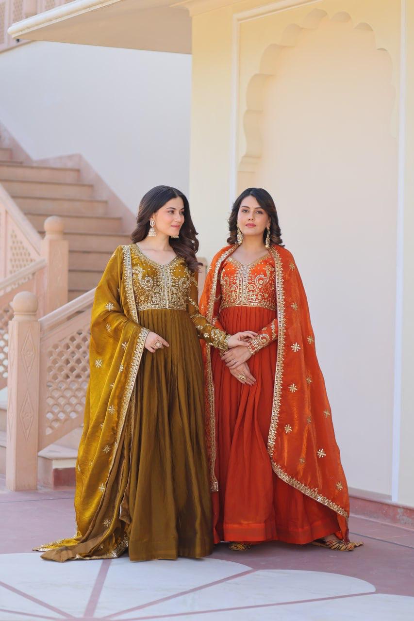 Mehendi Fendy With Zari & Sequins Gown With Dupatta