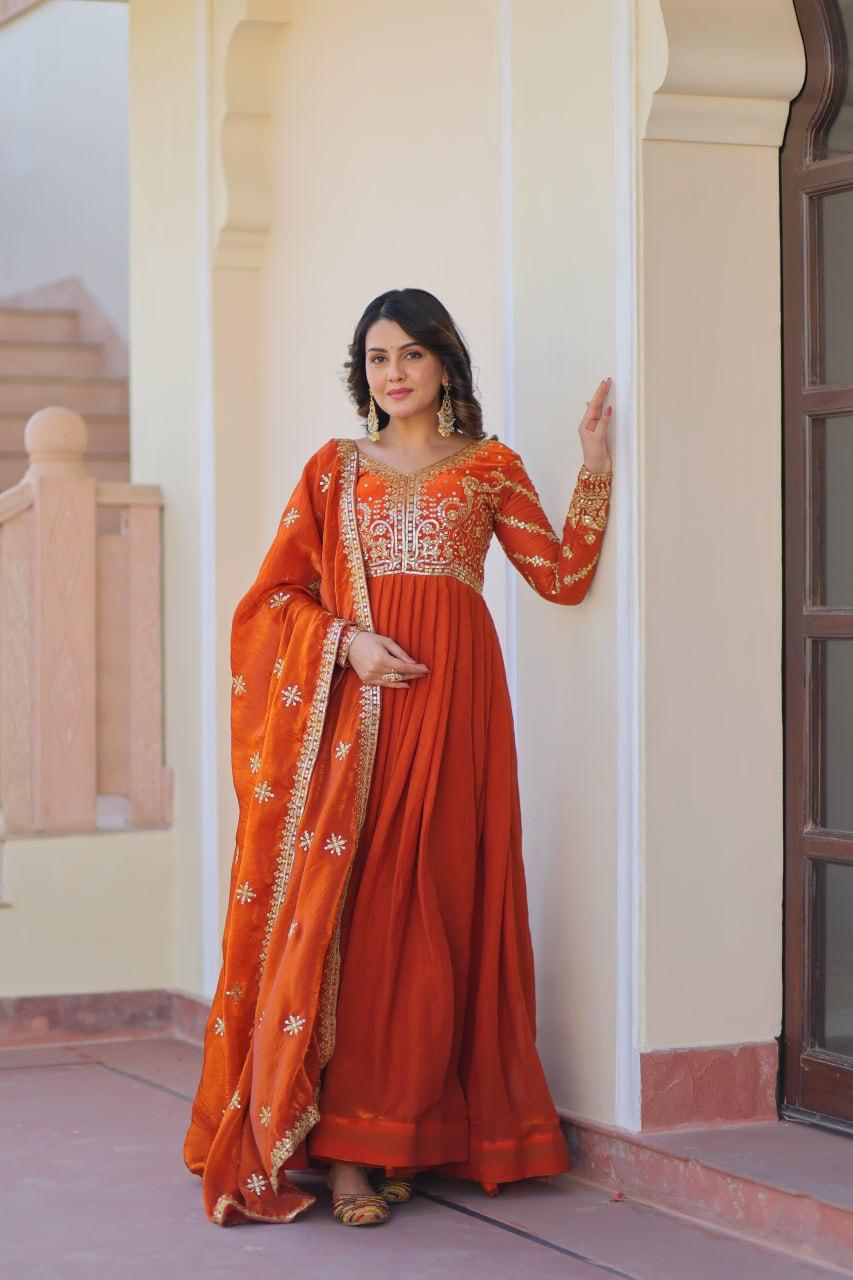 Mehendi Fendy With Zari & Sequins Gown With Dupatta