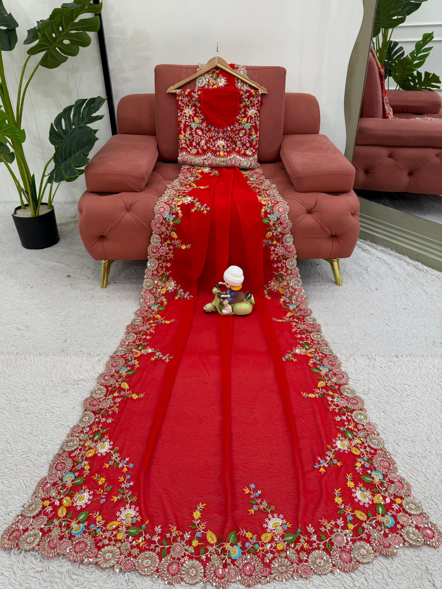 Red Faux Georgette Thread & Sequin Work Saree