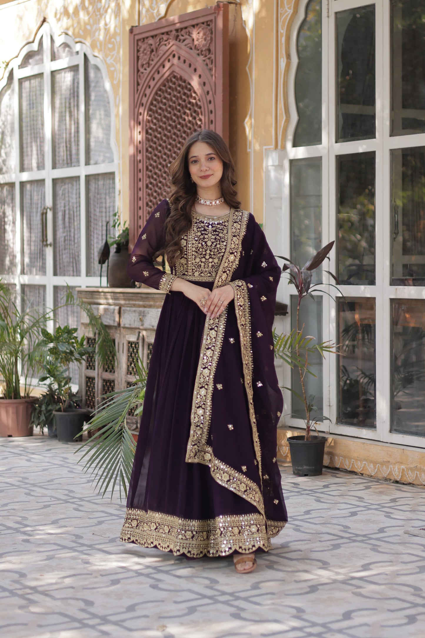 Wine Embroidery Zari Sequins Work Gown With Dupatta