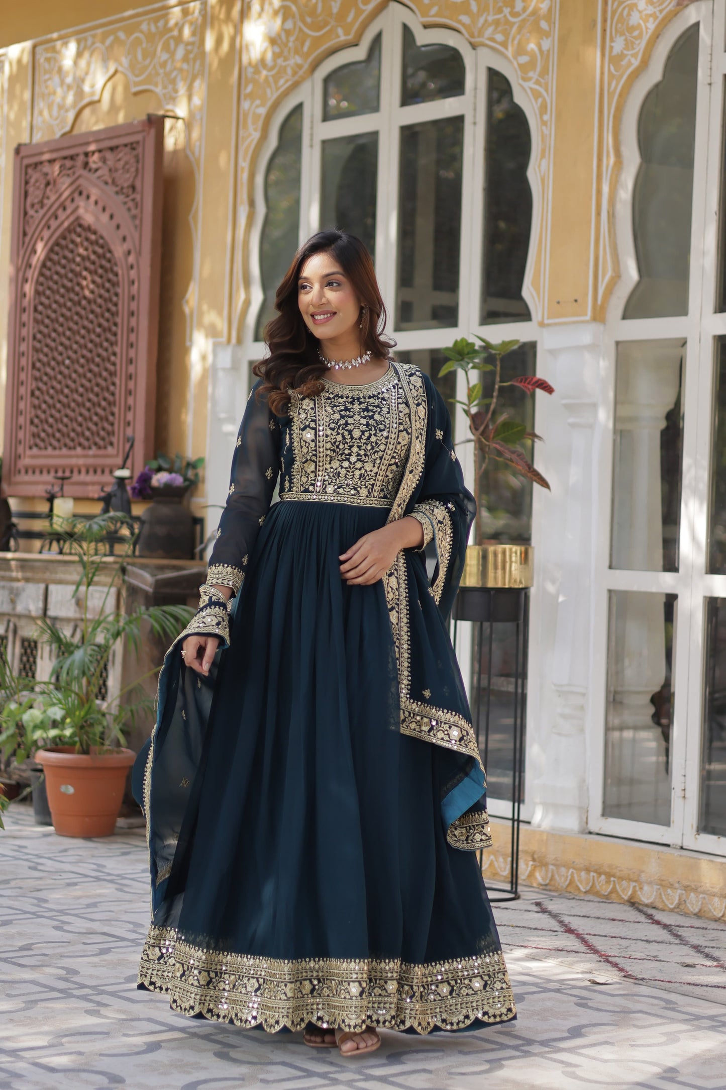 Wine Embroidery Zari Sequins Work Gown With Dupatta