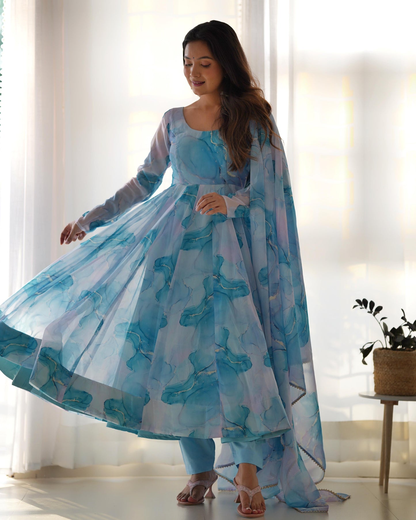 Sky Blue Soft Organza Silk with Marble Print 3pc Kurta Set