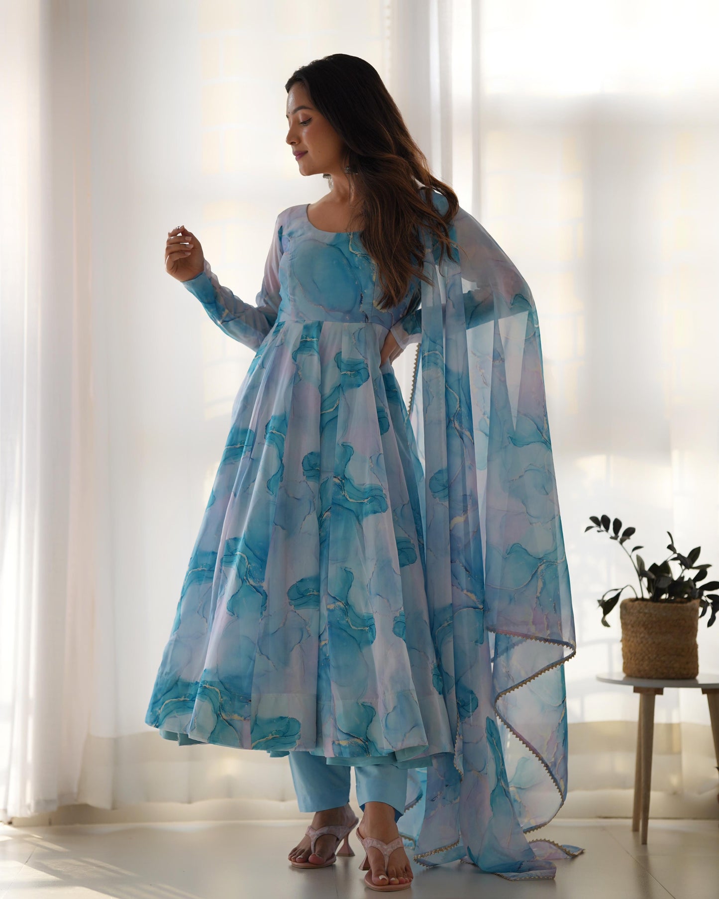 Sky Blue Soft Organza Silk with Marble Print 3pc Kurta Set
