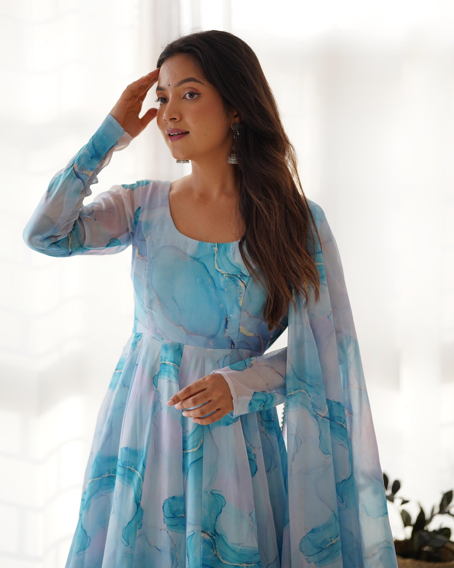 Sky Blue Soft Organza Silk with Marble Print 3pc Kurta Set