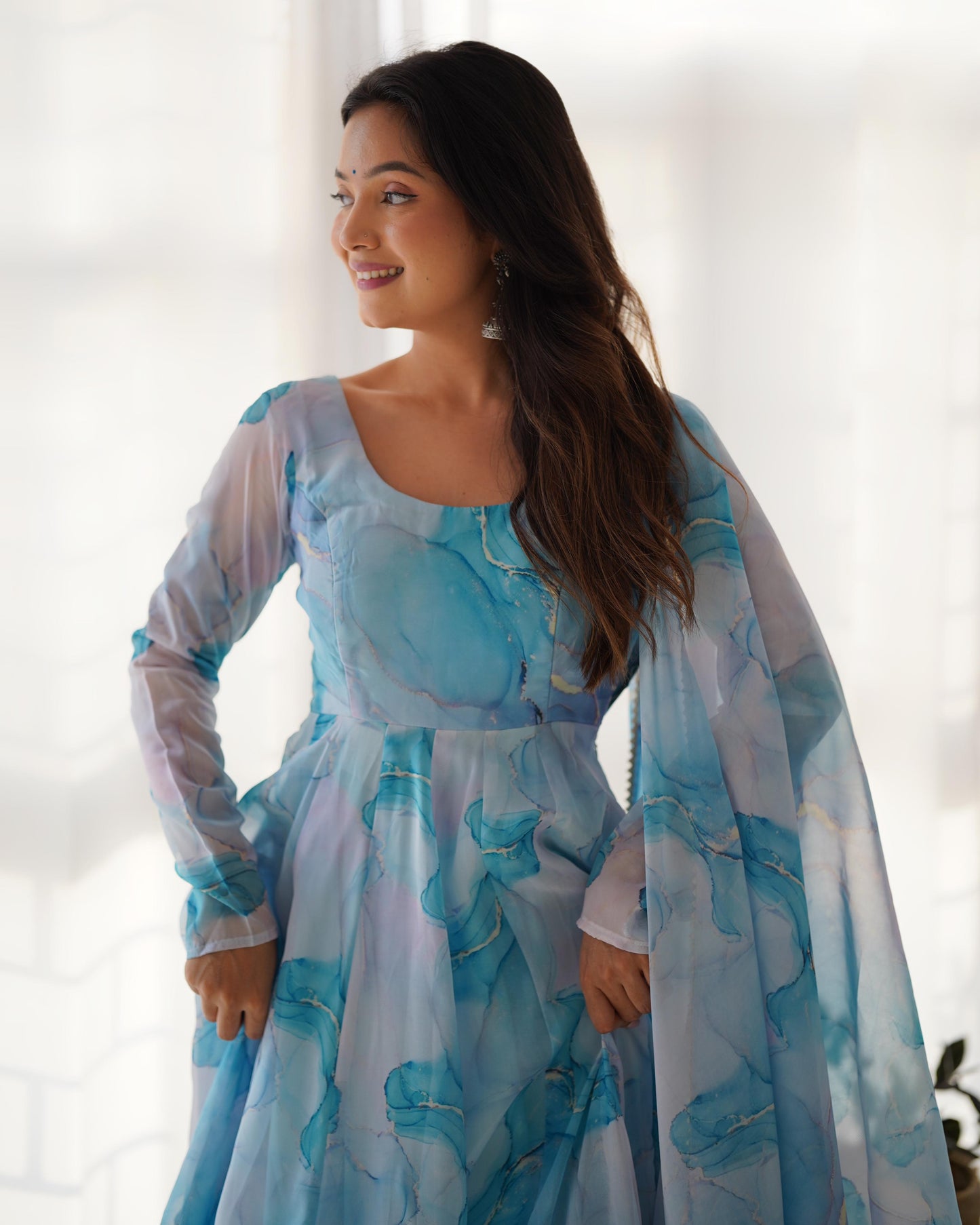 Sky Blue Soft Organza Silk with Marble Print 3pc Kurta Set