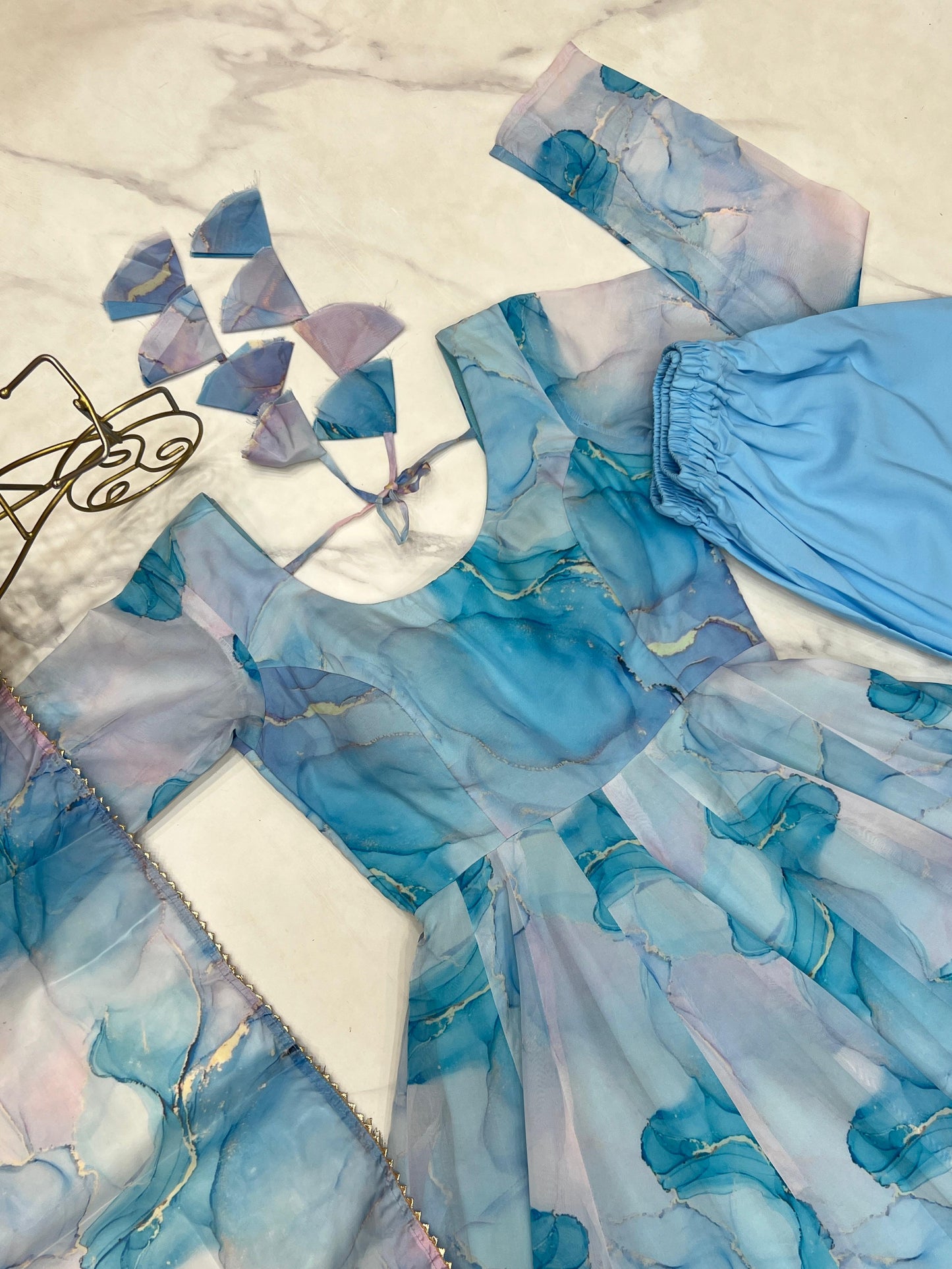 Sky Blue Soft Organza Silk with Marble Print 3pc Kurta Set