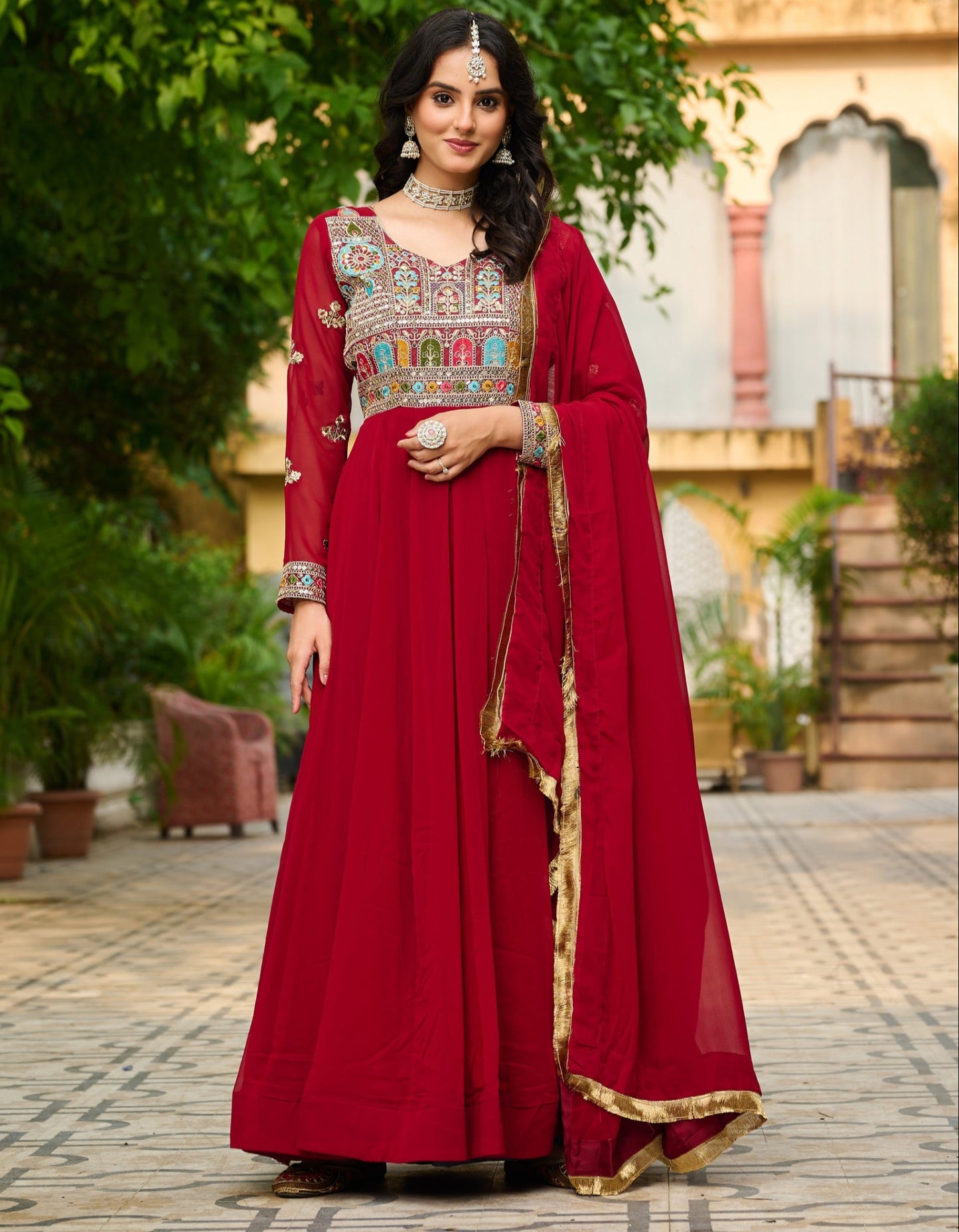 Maroon Faux Blooming Thread Embroidered Work GOWN With Dupatta