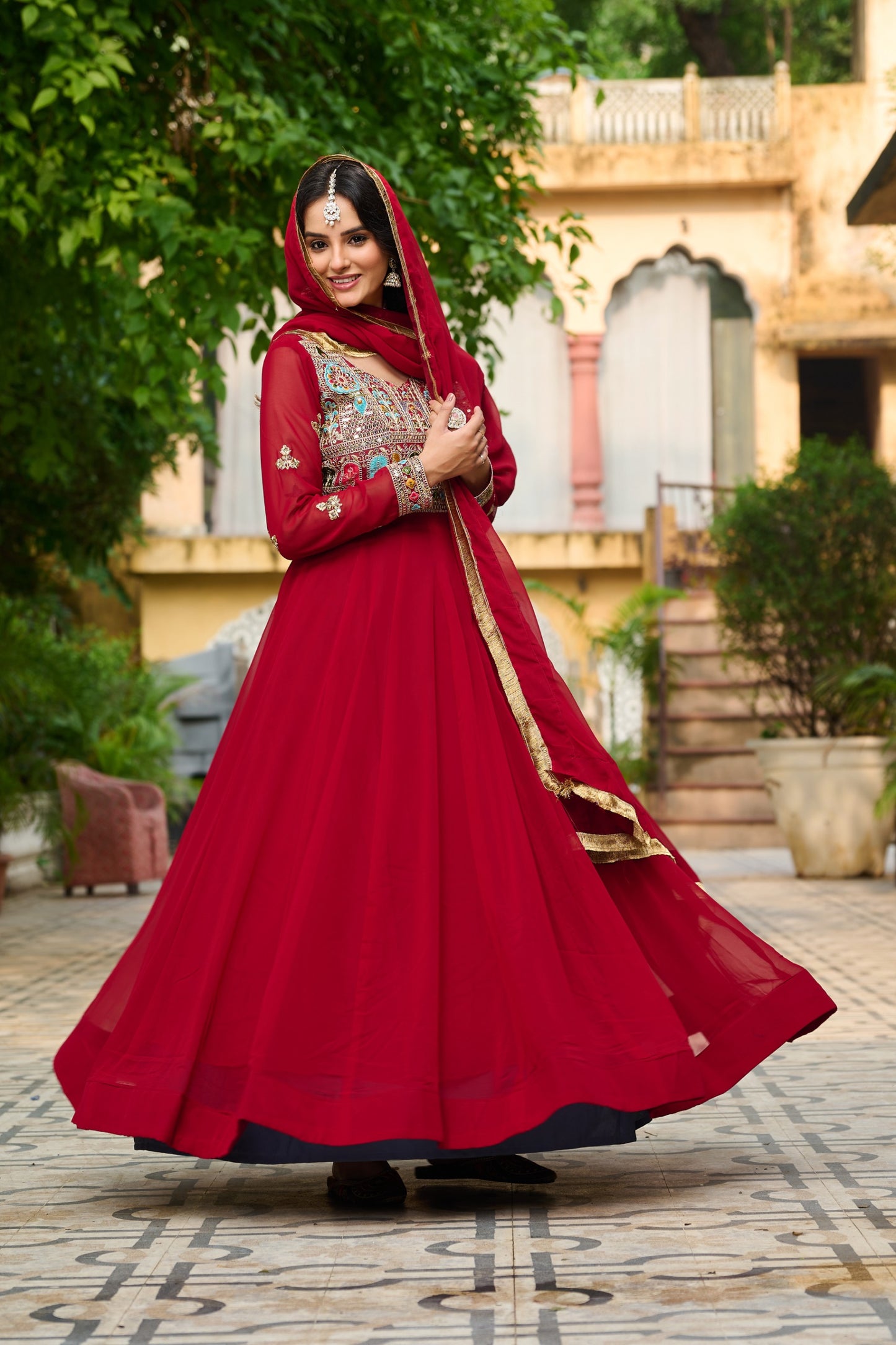 Maroon Faux Blooming Thread Embroidered Work GOWN With Dupatta