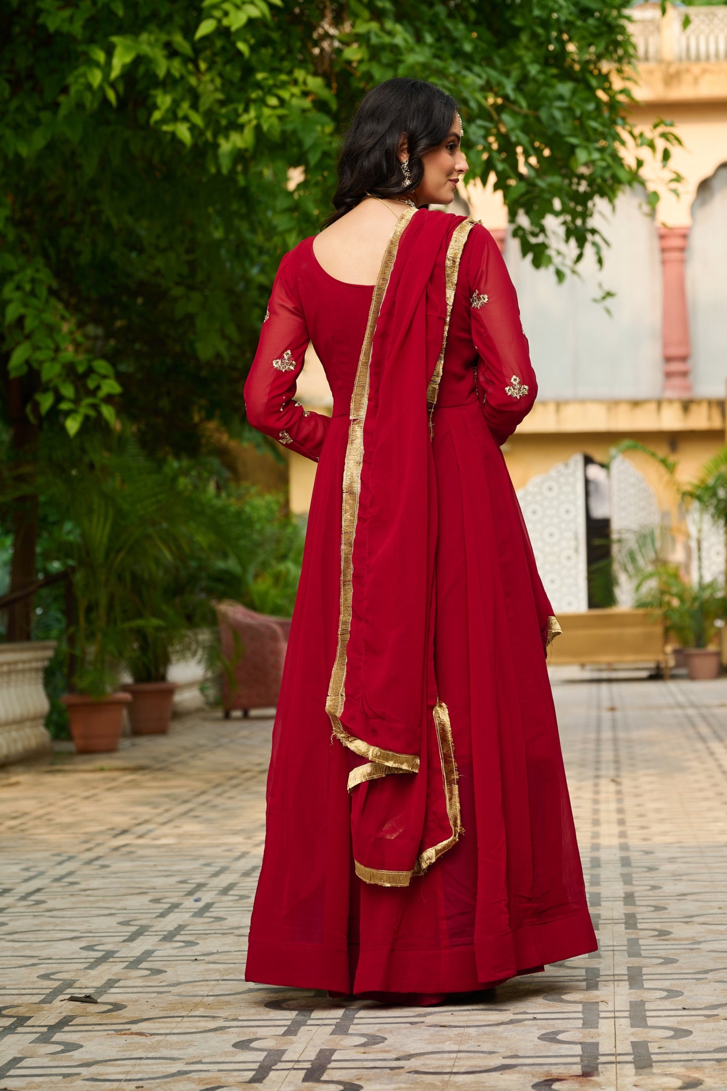 Maroon Faux Blooming Thread Embroidered Work GOWN With Dupatta