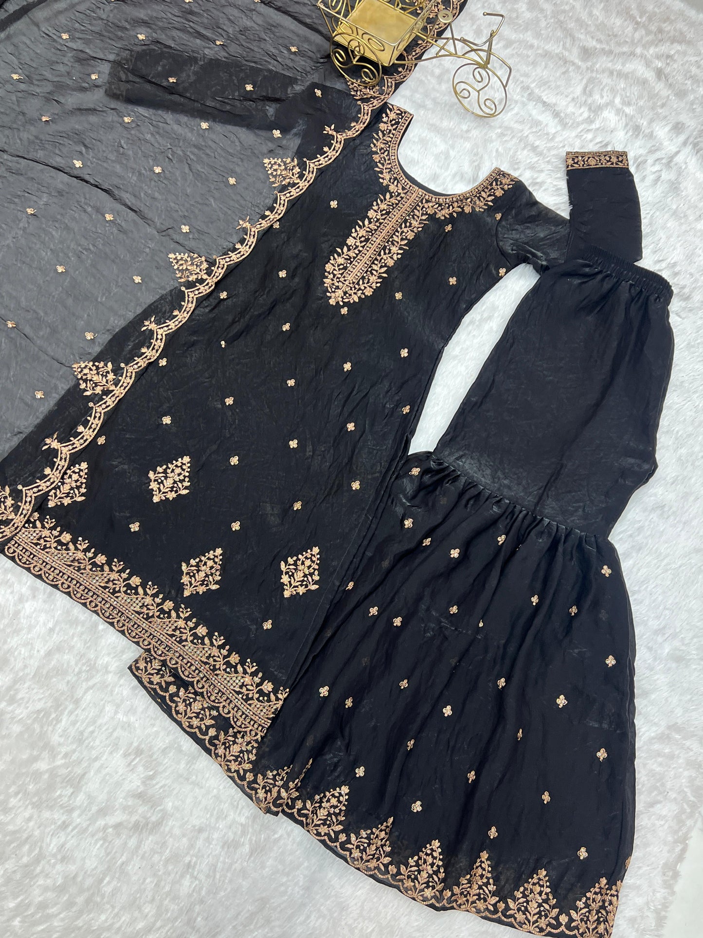 Black Soft Crunchy Silk with Fancy Embroidery Work 3pc Kurta Set
