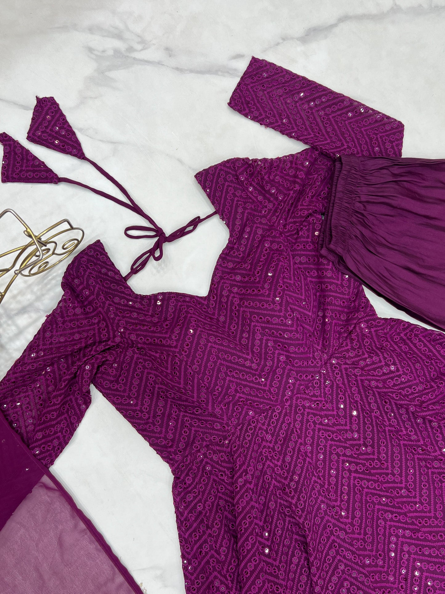 Wine Heavy Pure Soft Fox Georgette with Lucknowi Sequins Work 3pc Kurta Set