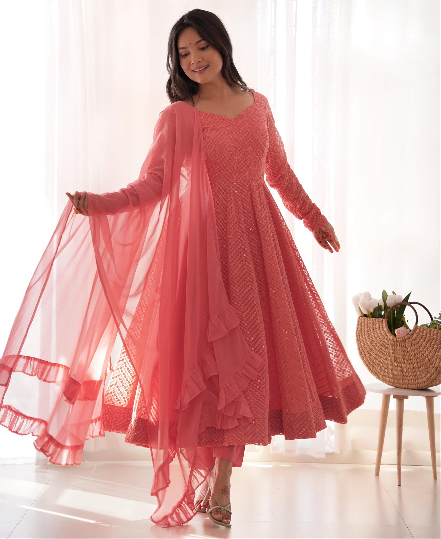 Peach Heavy Pure Soft Fox Georgette with Lucknowi Sequins Work 3pc Kurta Set (Copy)